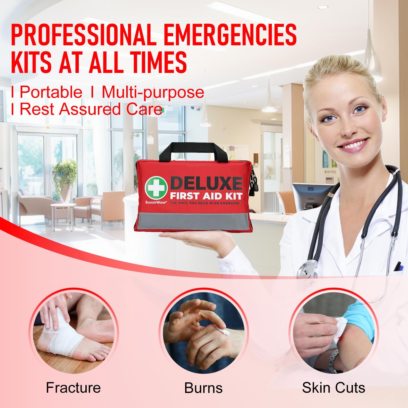 380 Pieces Deluxe First Aid Kit Compact Trauma Medical Kits with Assorted Ban…