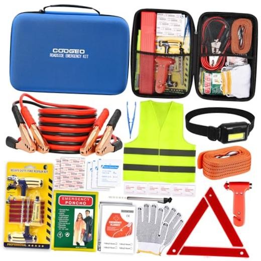 15PC Car Emergency Kit with Jumper Cables, Roadside Assistance Safety Kit for