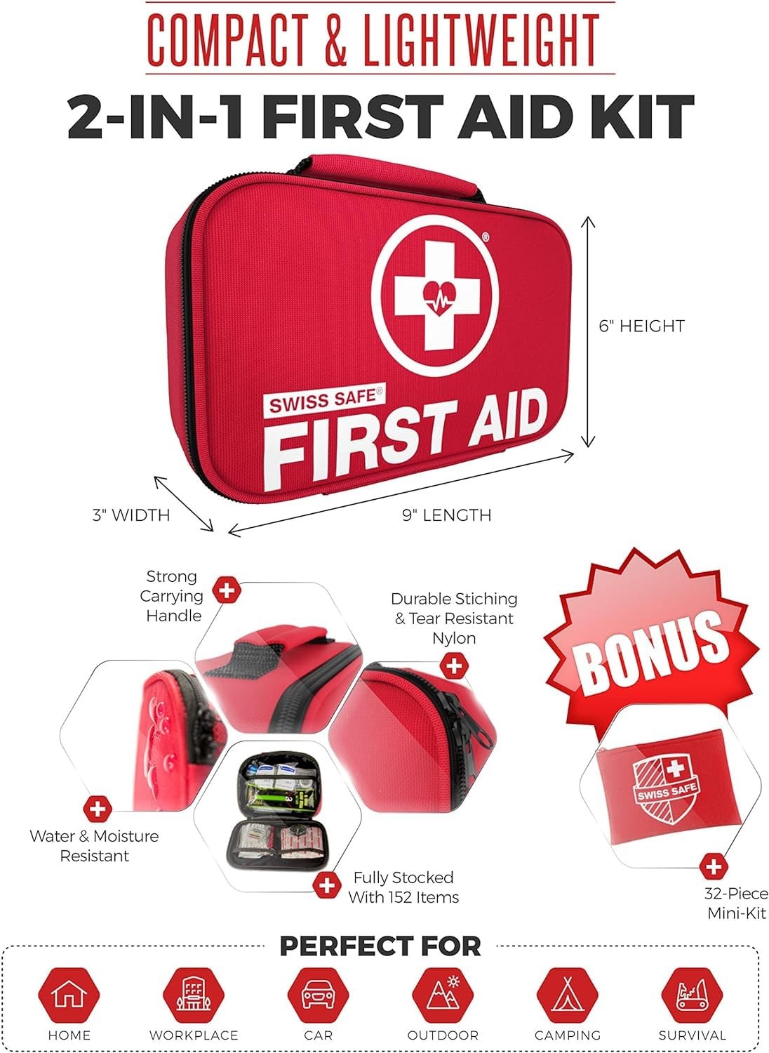 2-in-1 First Aid Kit for Car, Travel & Home, Businesses – Bonus Mini Kit for …