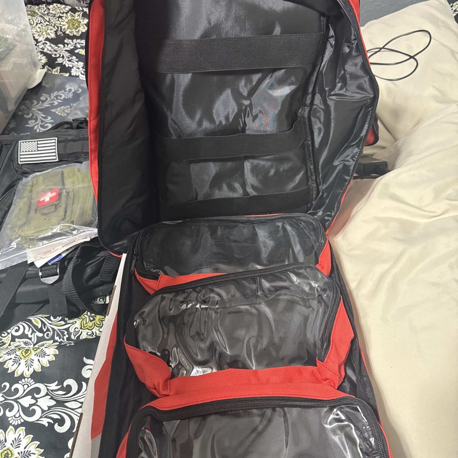 Red Portable First Aid Backpack Bag w/ Star of Life Symbol & Reflective Strip