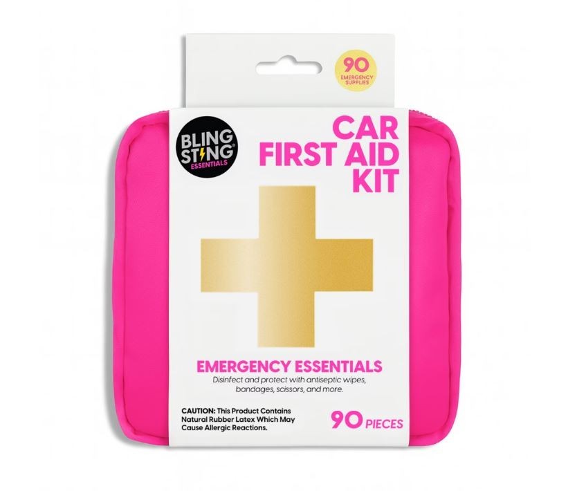BLINGSTING Car First Aid Kit – 90 Pieces Included,Pink,1 Count,5 in x 5 in 2 in