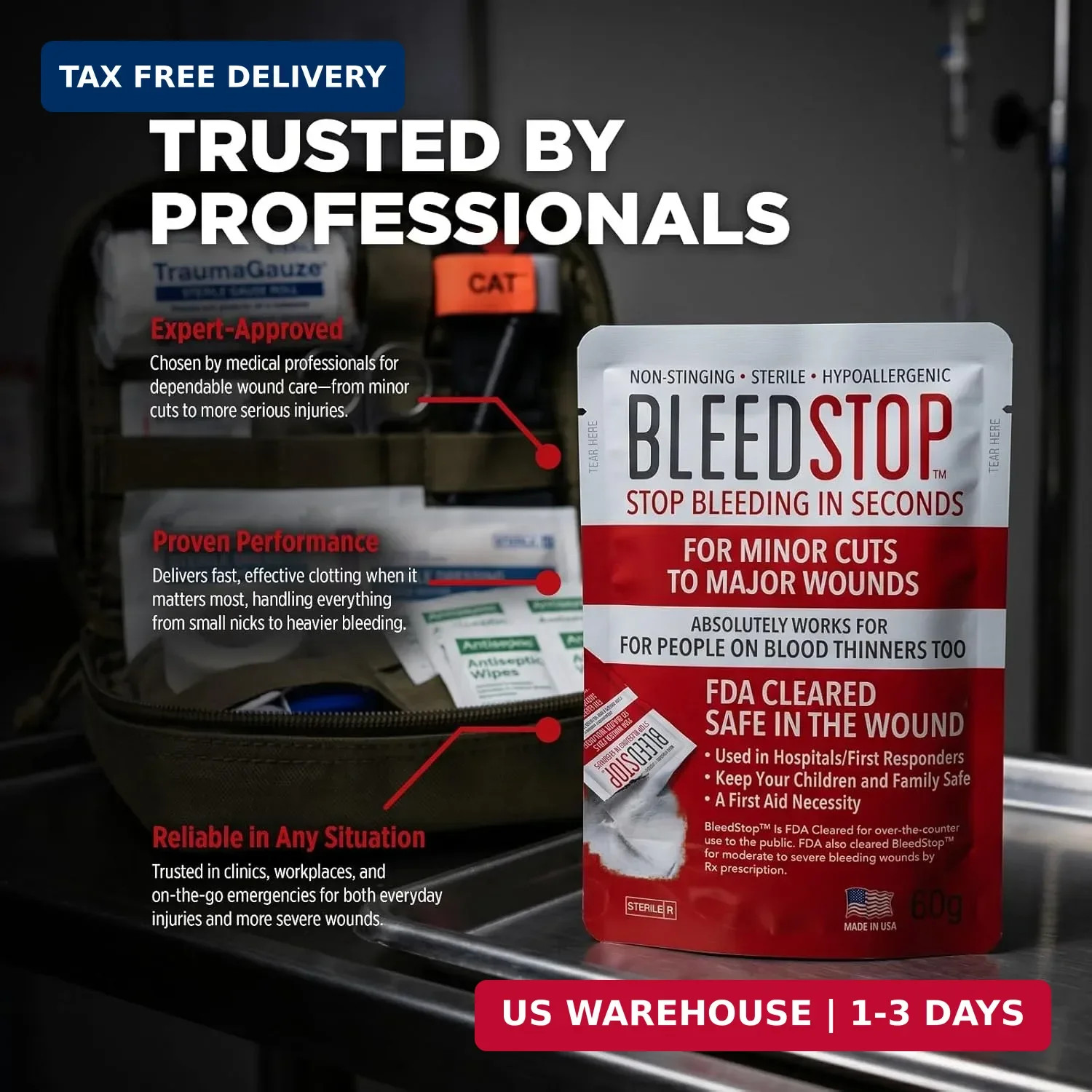 BleedStop™ First Aid Powder for Blood Clotting, Trauma Kit, Blood Thinner Patien