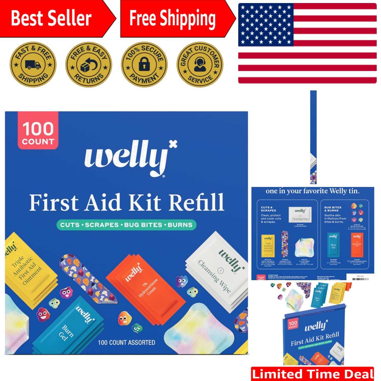 Comprehensive First Aid Kit Refill – 100 Count with Bandages & Ointments