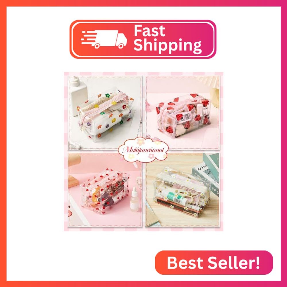 Henoyso 4 Pcs Clear Small Makeup Bag with Daisy Zipper Cute Flower Daisy Heart S
