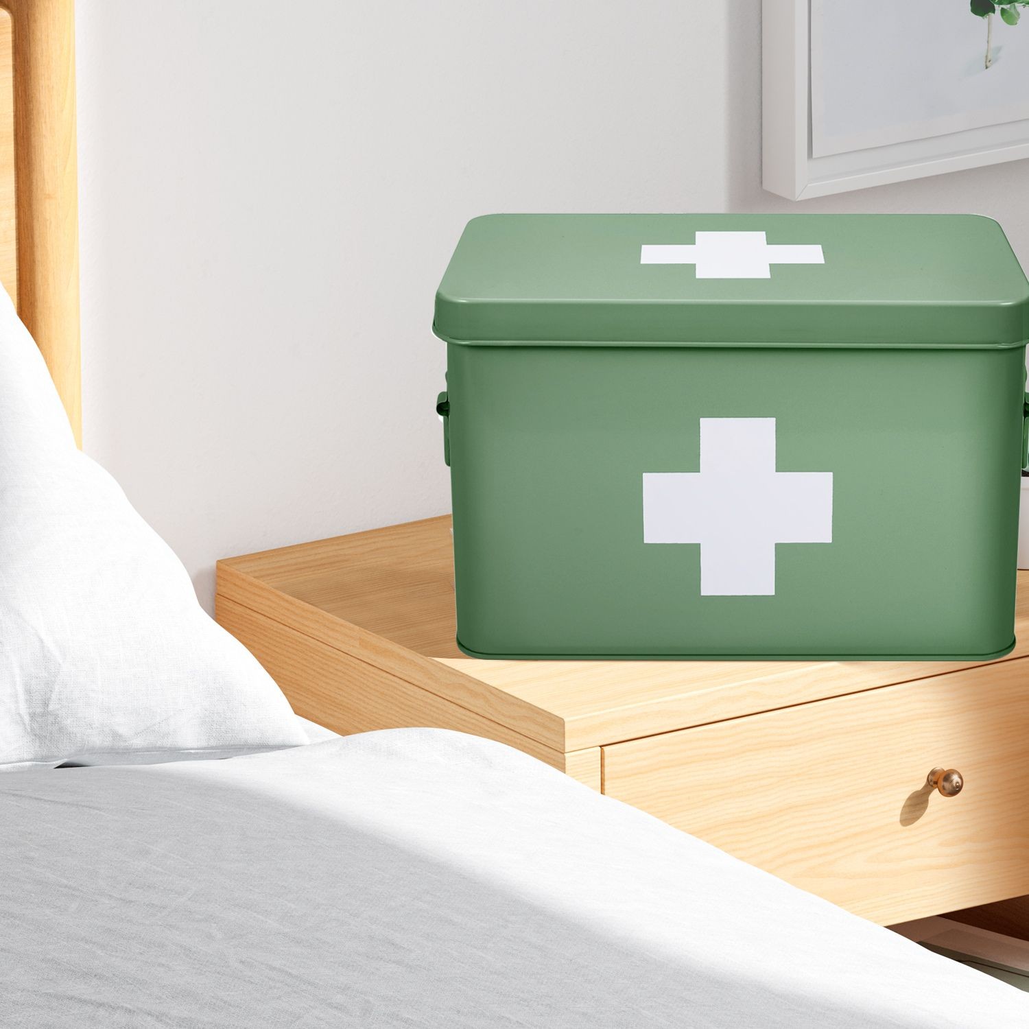 Metal First Aid Empty Box, Medicine Storage Organizer with Removable Tray Handle