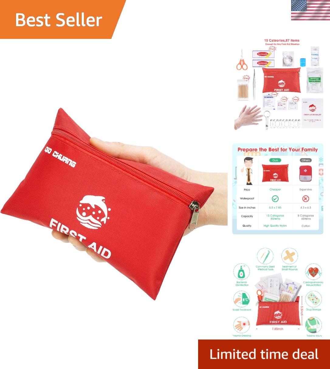 Small Travel First Aid Kit – 87 Piece Clean, Treat and Protect Most Injuries,…