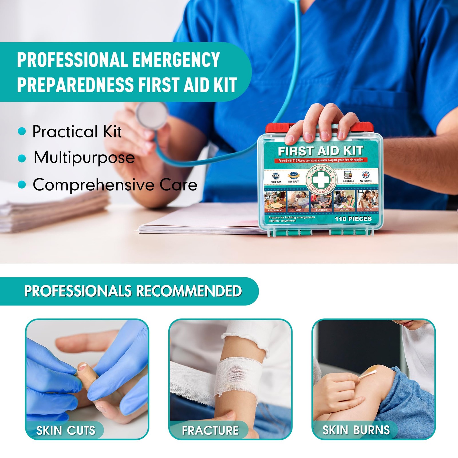 110 Pieces Small First Aid Kit HardCase First Aid Box Contains Premium Medi…