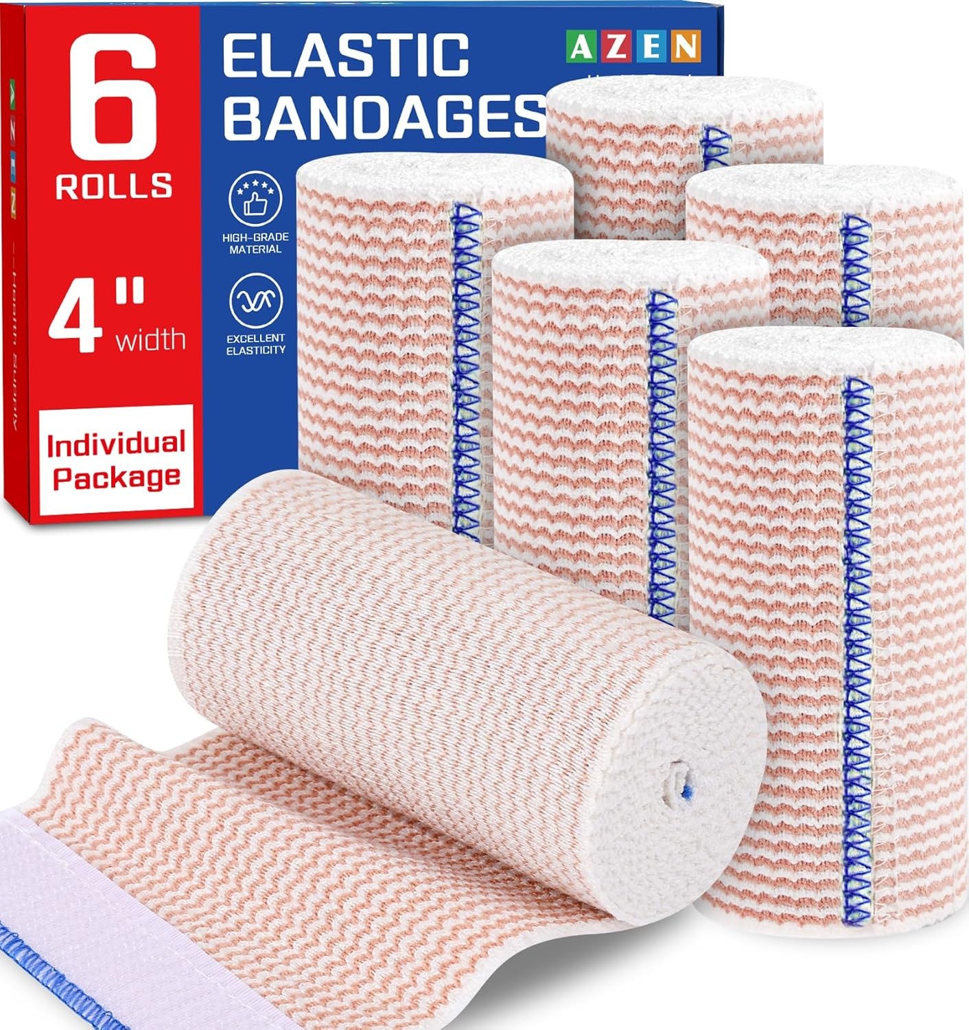 AZEN 6 Pack Elastic Bandage Wrap 4 Inch Compression Wrap Latex Free (A-6p)