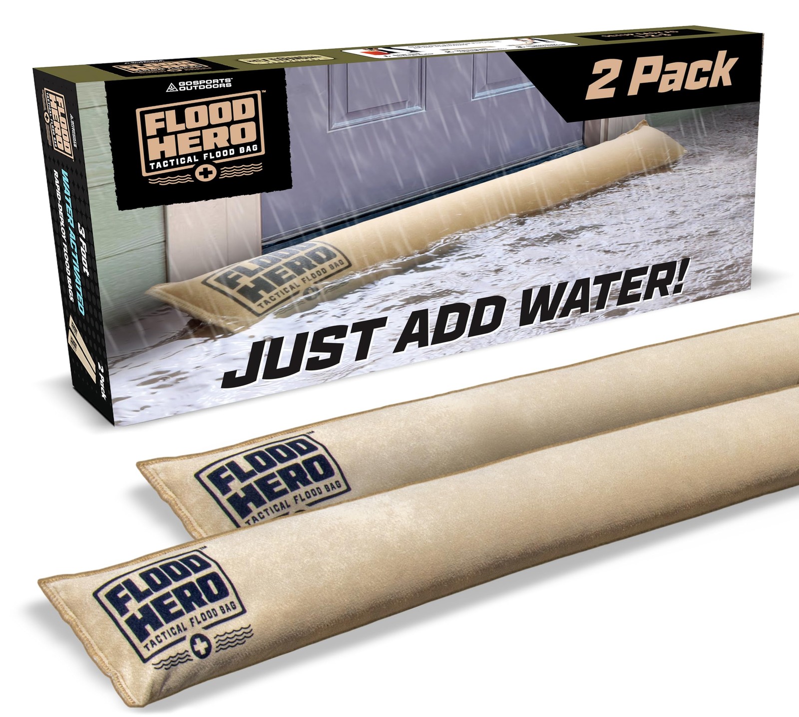 Flood Hero 3 ft Water Activated Sandbags – 2 Pack Flood Bag Barriers for Home