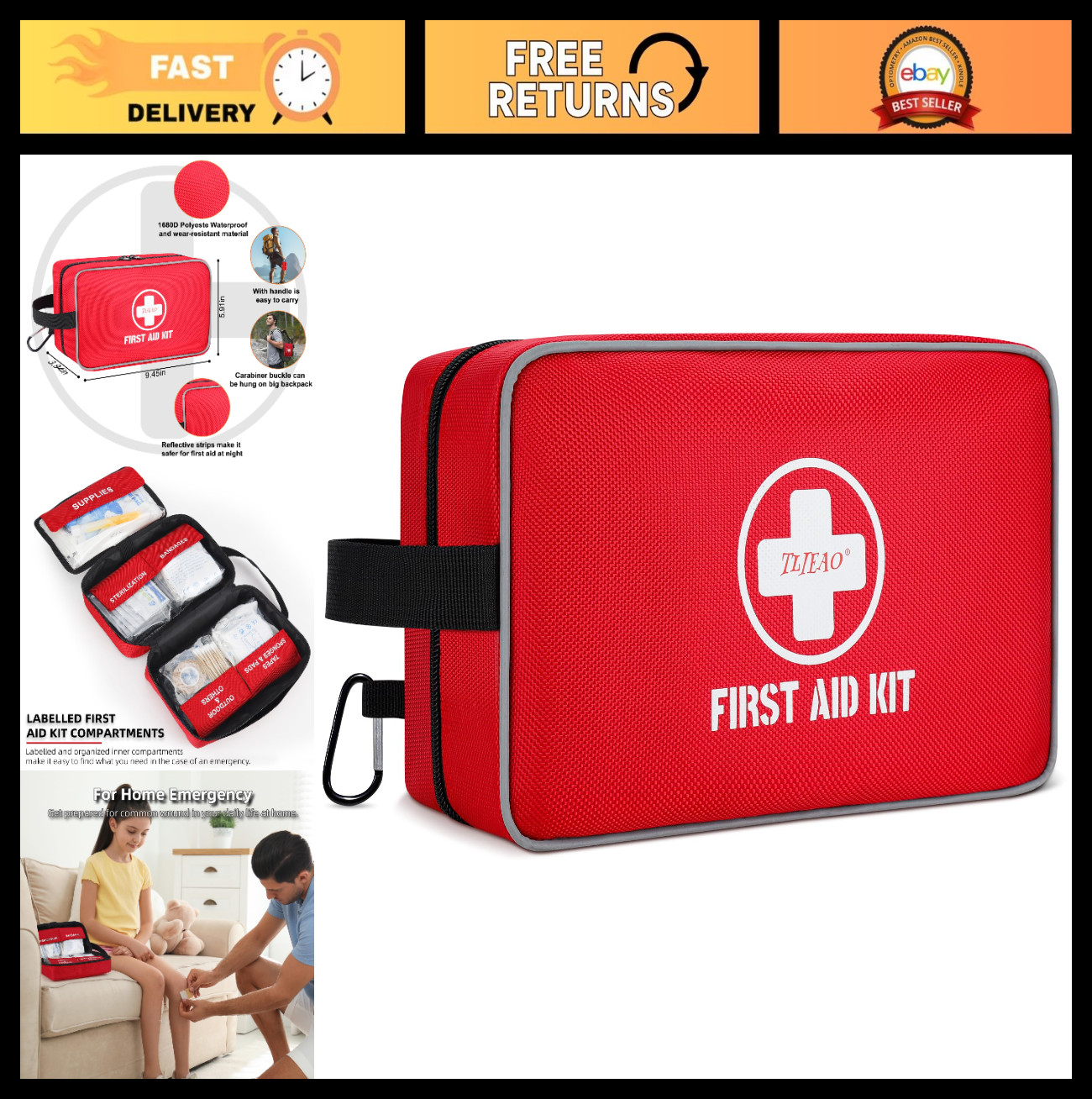 330-Piece Waterproof First Aid Kit – Compact Trauma Medical Supplies for Home, C