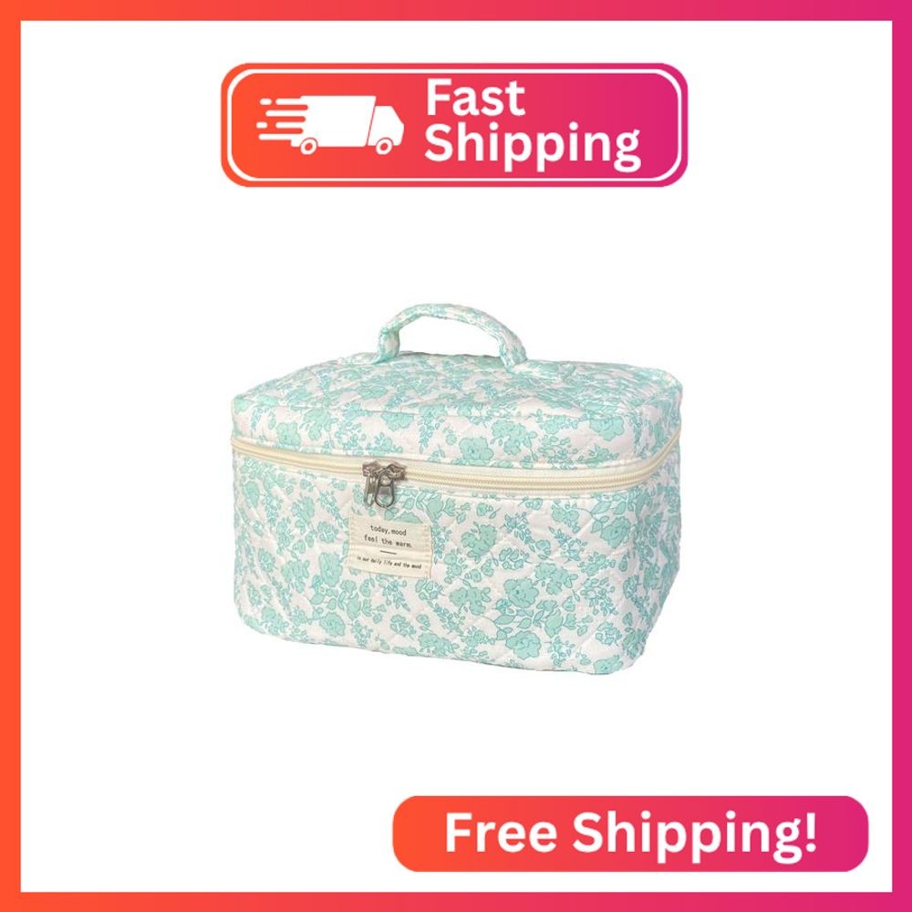 WYJ Green Large Quilted Floral Makeup Bag Cute Soft Coquette Aesthetic Cosmetic