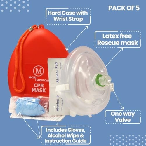 CPR Rescue Masks Pack of 5, Adult/Child Pocket Resuscitators, Hard Case & Strap