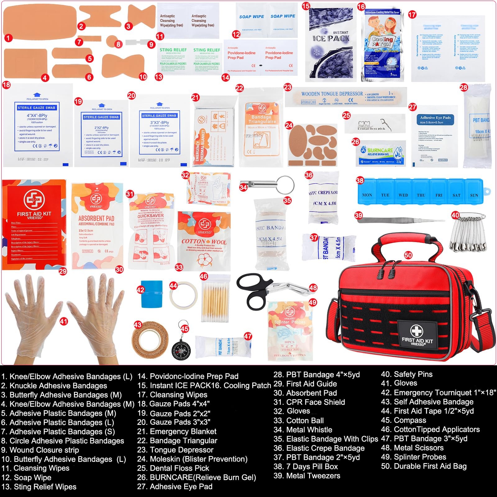 VRIEXSD Premium 450 Piece Large First Aid Kit for Home, Travel, Camping, Red