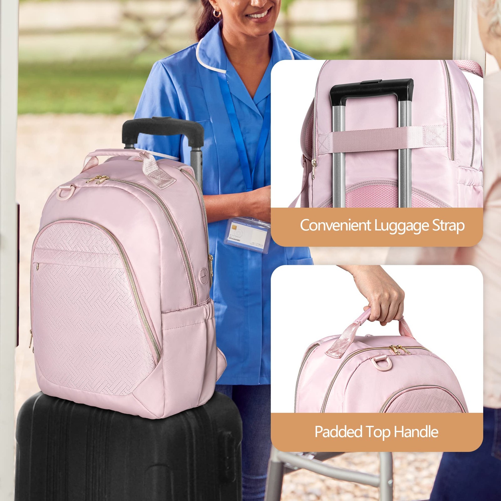 Fasrom Nurse Bag Backpack for Work Women with USB Charging Hole, Medium, Pink