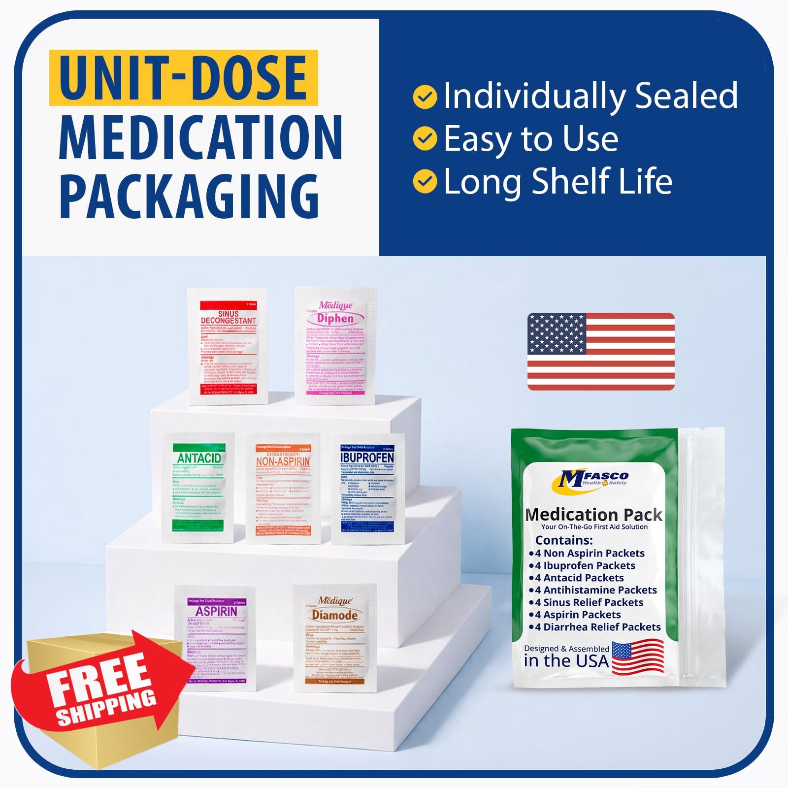 MFASCO Travel Medicine Kit 7-in-1, TSA Approved OTC Packets Cruise Office