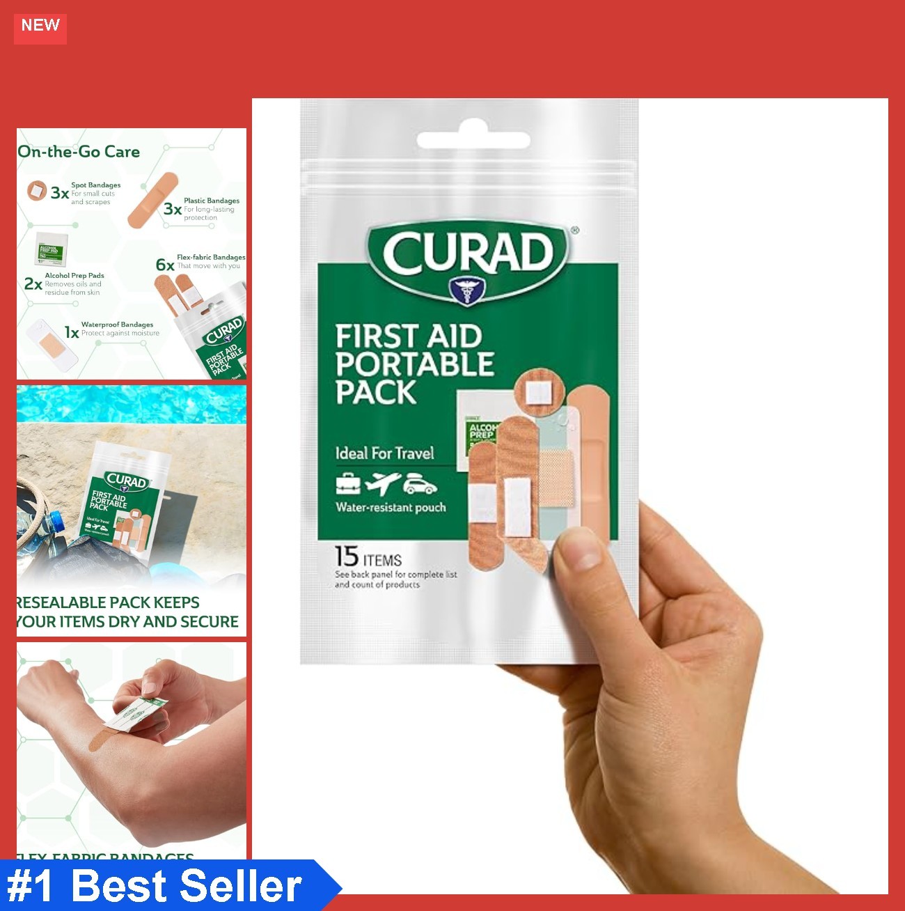 First Aid Kit 15 Count Portable Travel Pack 12 Packs Bandages Alcohol Pads