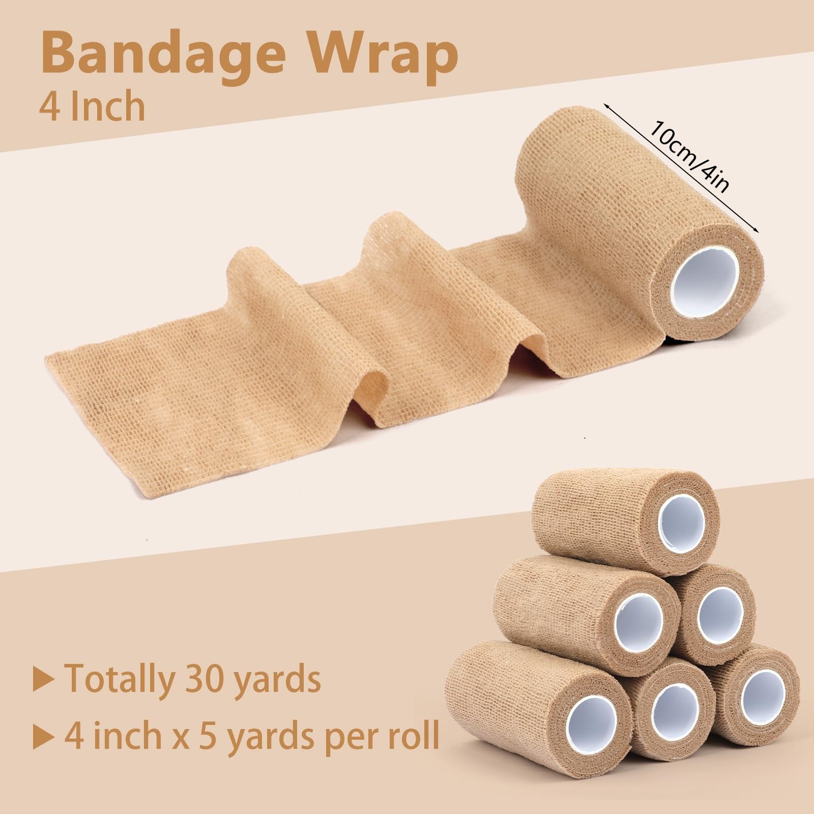BEVTEE Self Adhesive Bandage Wrap 6 Pack, 4" X 5 Yards x 5 yards, Beige