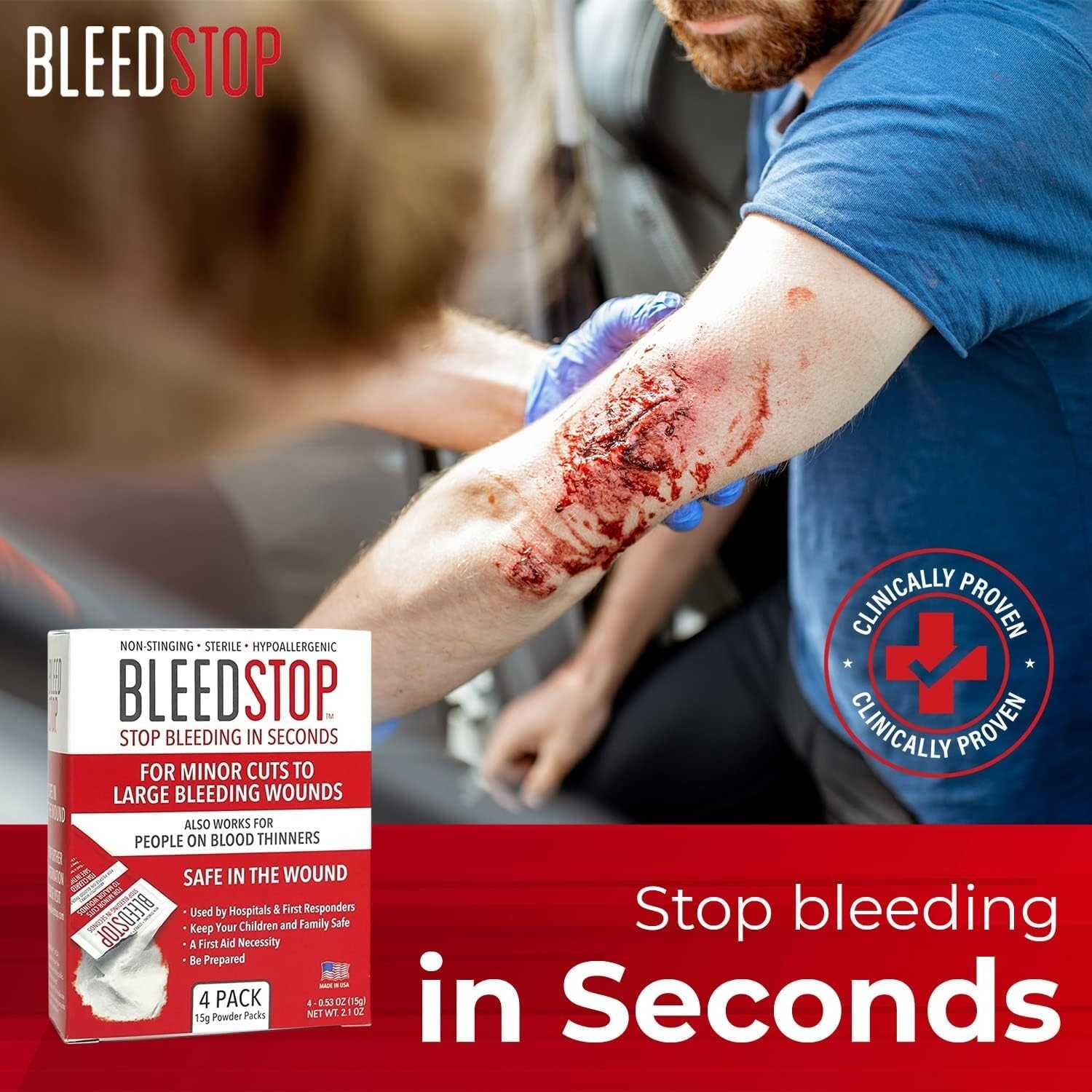 BleedStop™ First Aid Powder for Blood Clotting, Trauma Kit, 4 (15g) Pouches