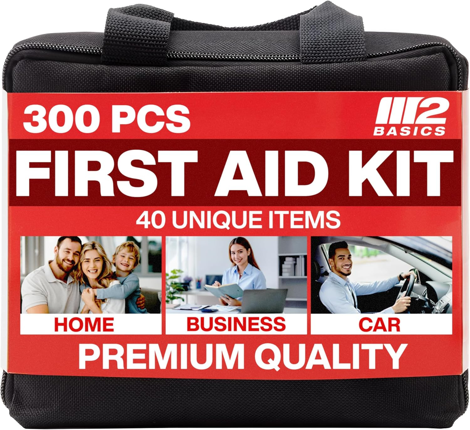 M2 BASICS 300 Piece First Aid Kit, 40 Unique Items, Emergency Medical Kit with O