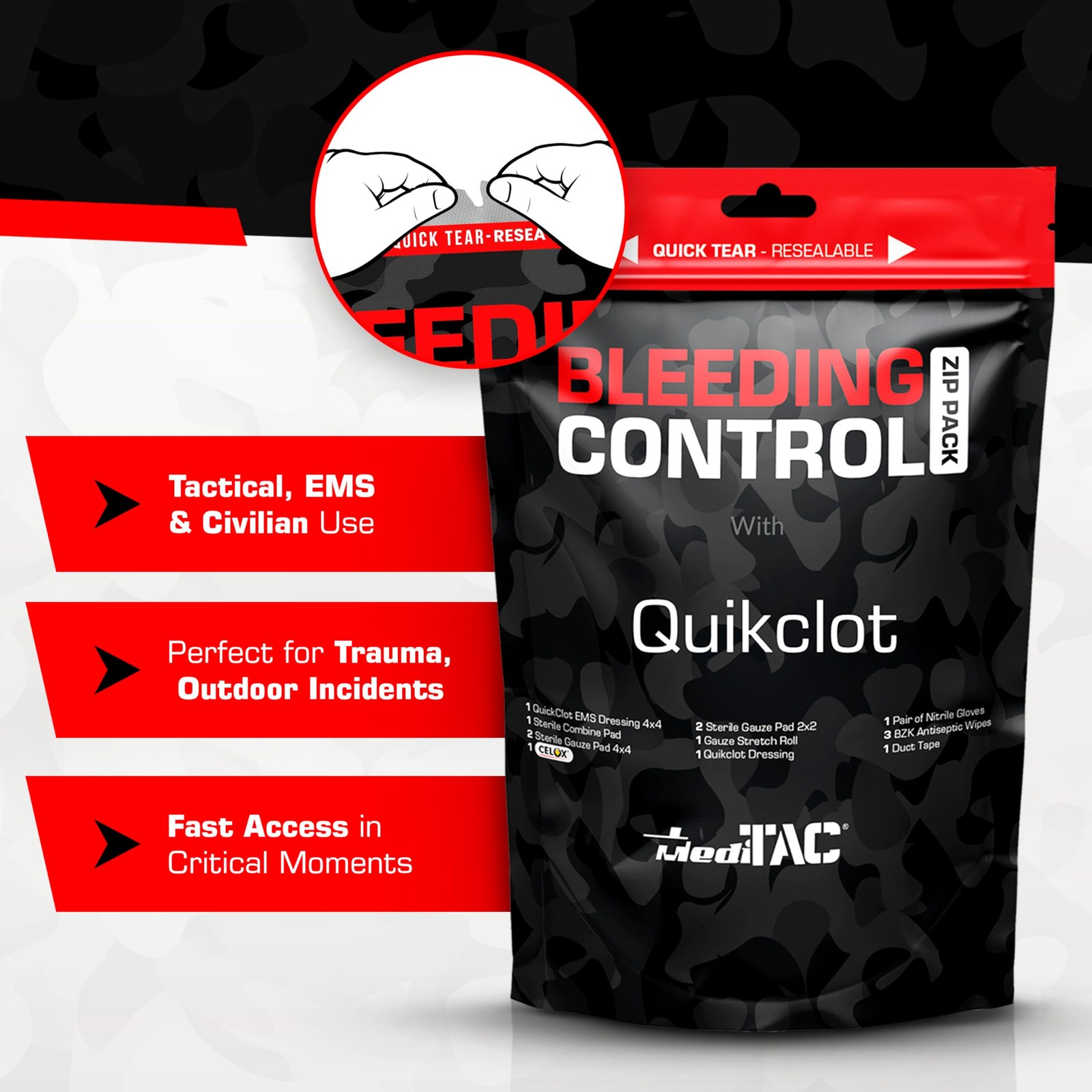 Bleeding Control Zip Pack with QuikClot, Celox, Gauze Pads, Triangular Bandag…