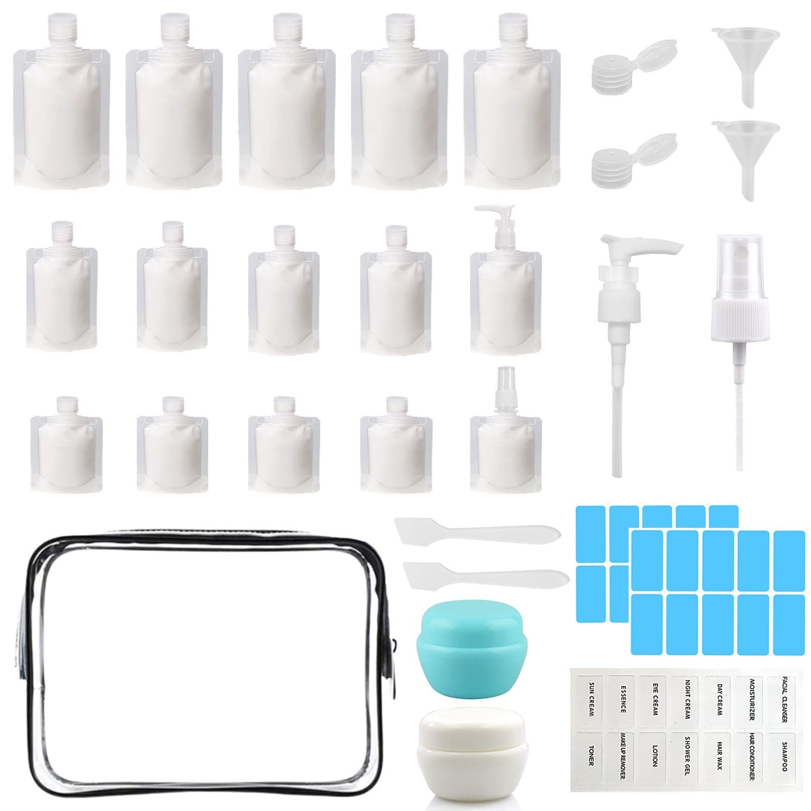 29 PCS Travel Size Refillable Empty Squeeze Pouch TSA Approved 29Pcs, Clear