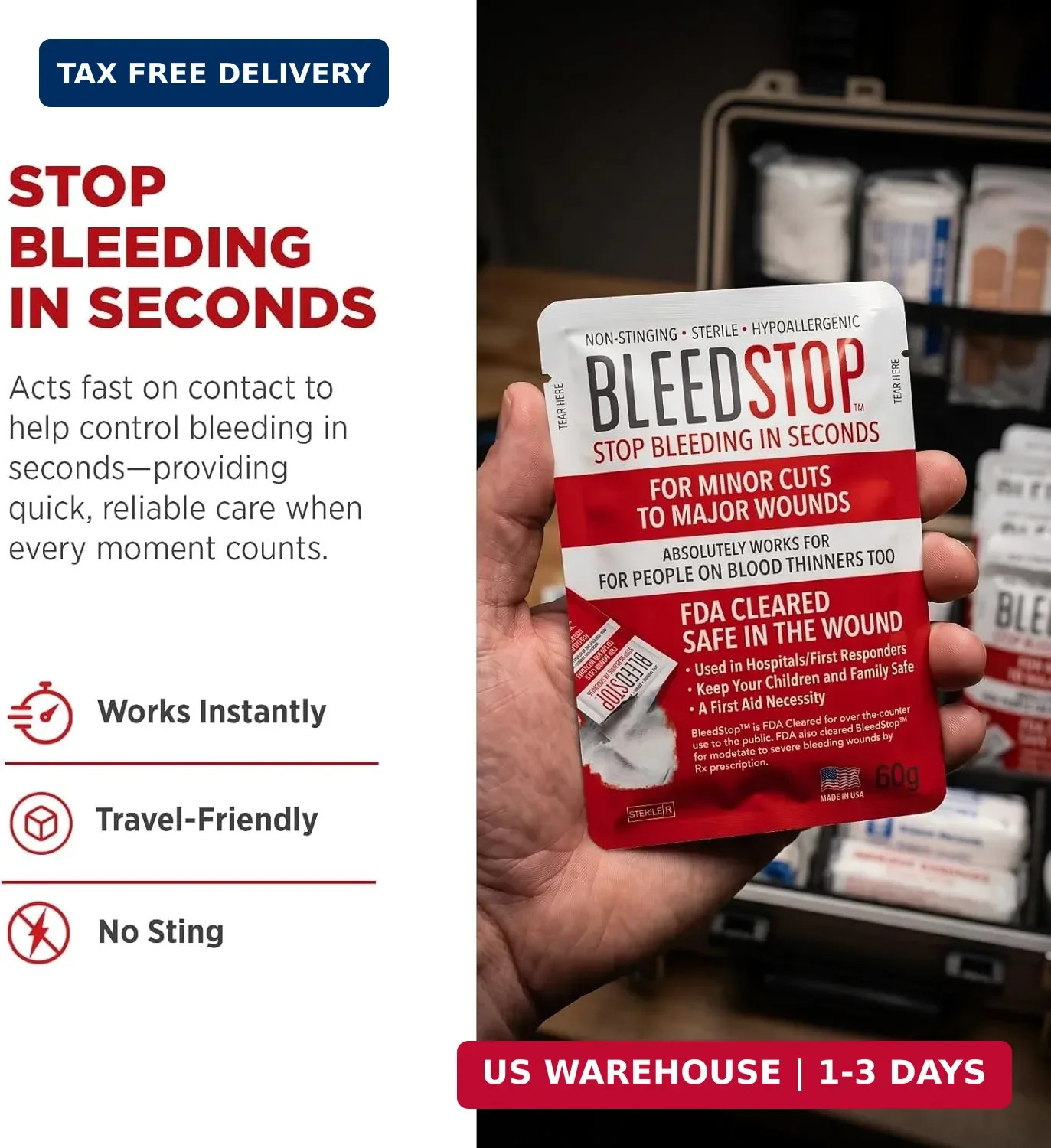 BleedStop™ First Aid Powder for Blood Clotting, Trauma Kit, Blood Thinner Patien