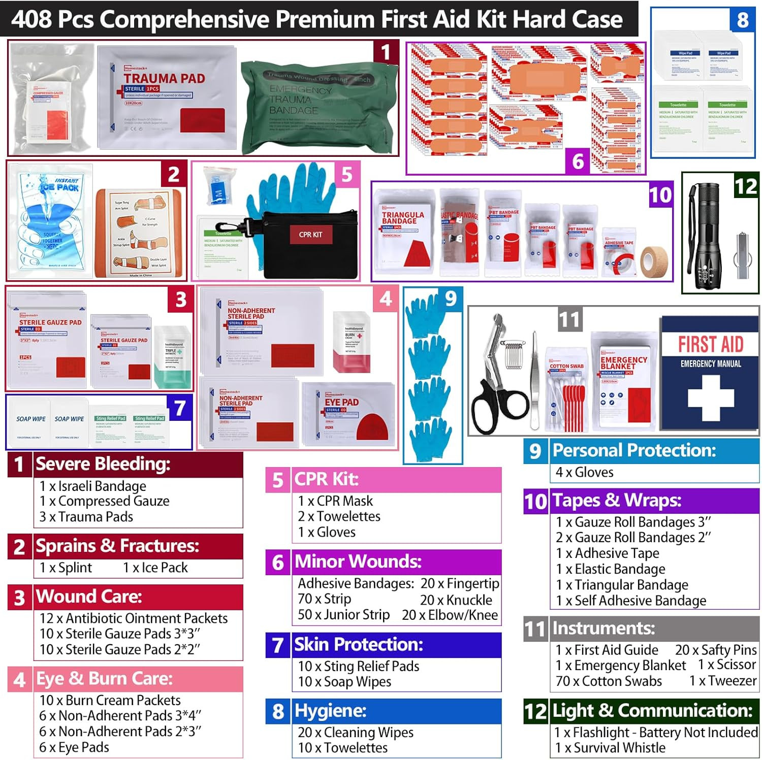 Hard Case First Aid Kit 408 Pcs – Wall Mountable Trauma Kit for Car, Home, Offic