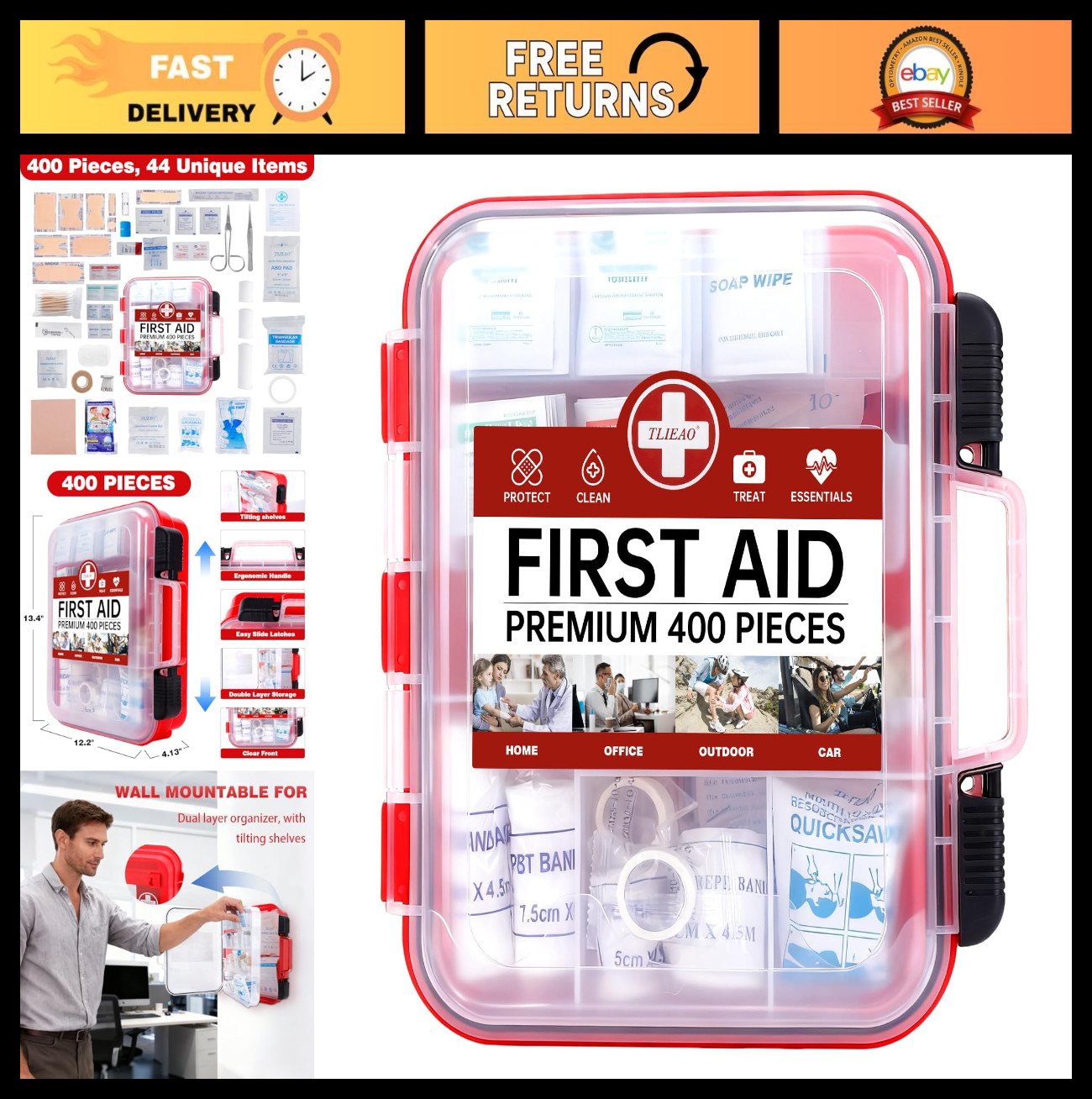 400-Piece First Aid Kit – Dual-Layer Organizer for Home, Car, Travel & Sports