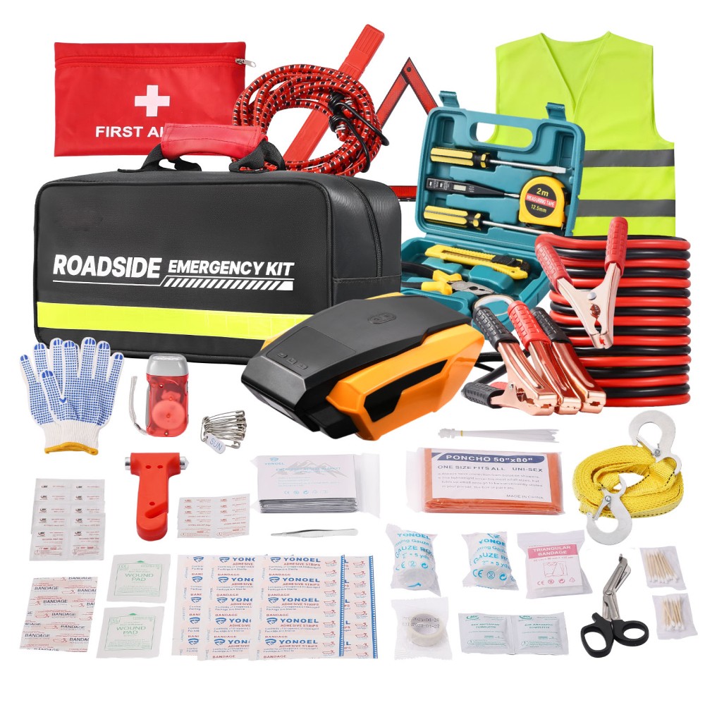 32Pc Car Emergency Roadside Kit Jumper Cable 12V Air Pump First Aid Box Bag