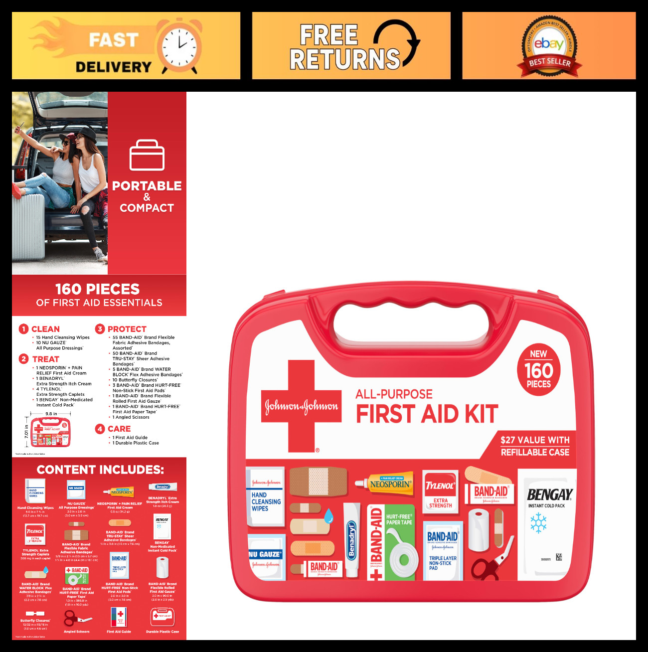 Portable First Aid Kit – 160 Pieces for Cuts, Scrapes, Burns & Wound Care – Trav