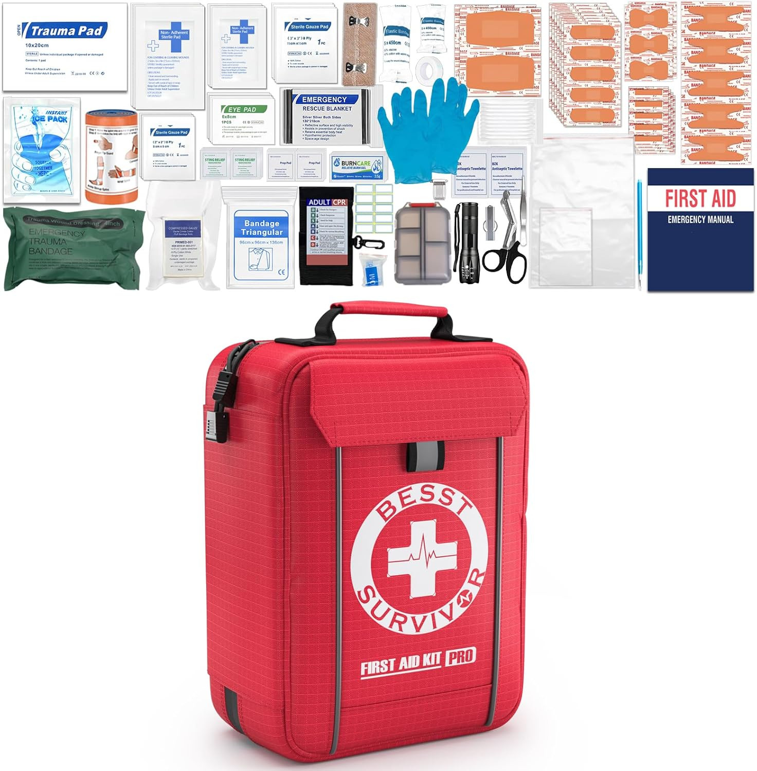 Besst Survivor Comprehensive First Aid Kit -Labeled Compartments for Trauma & Em