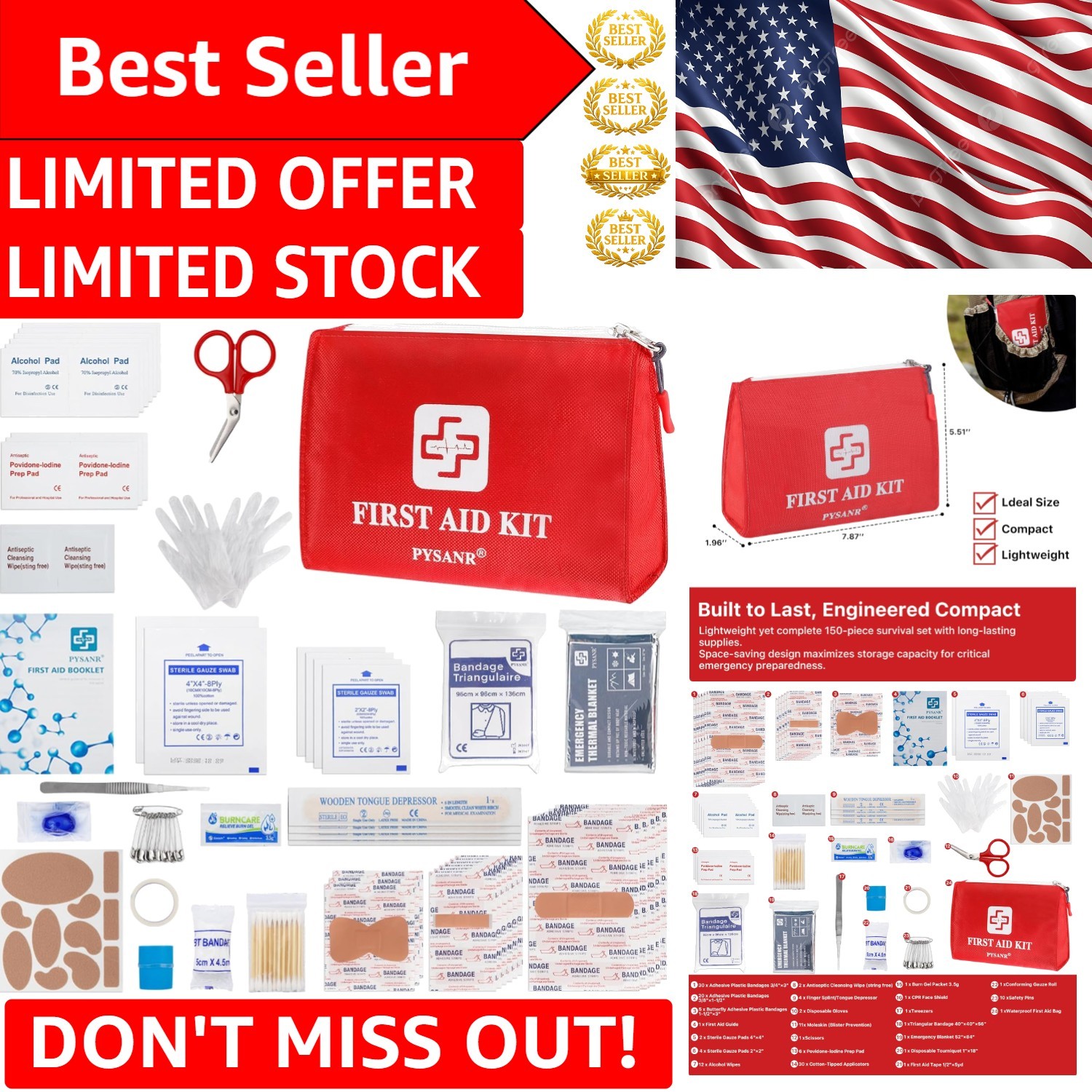 150-Piece Compact First Aid Kit with Scissors & Foil Blanket | Portable & Wat…