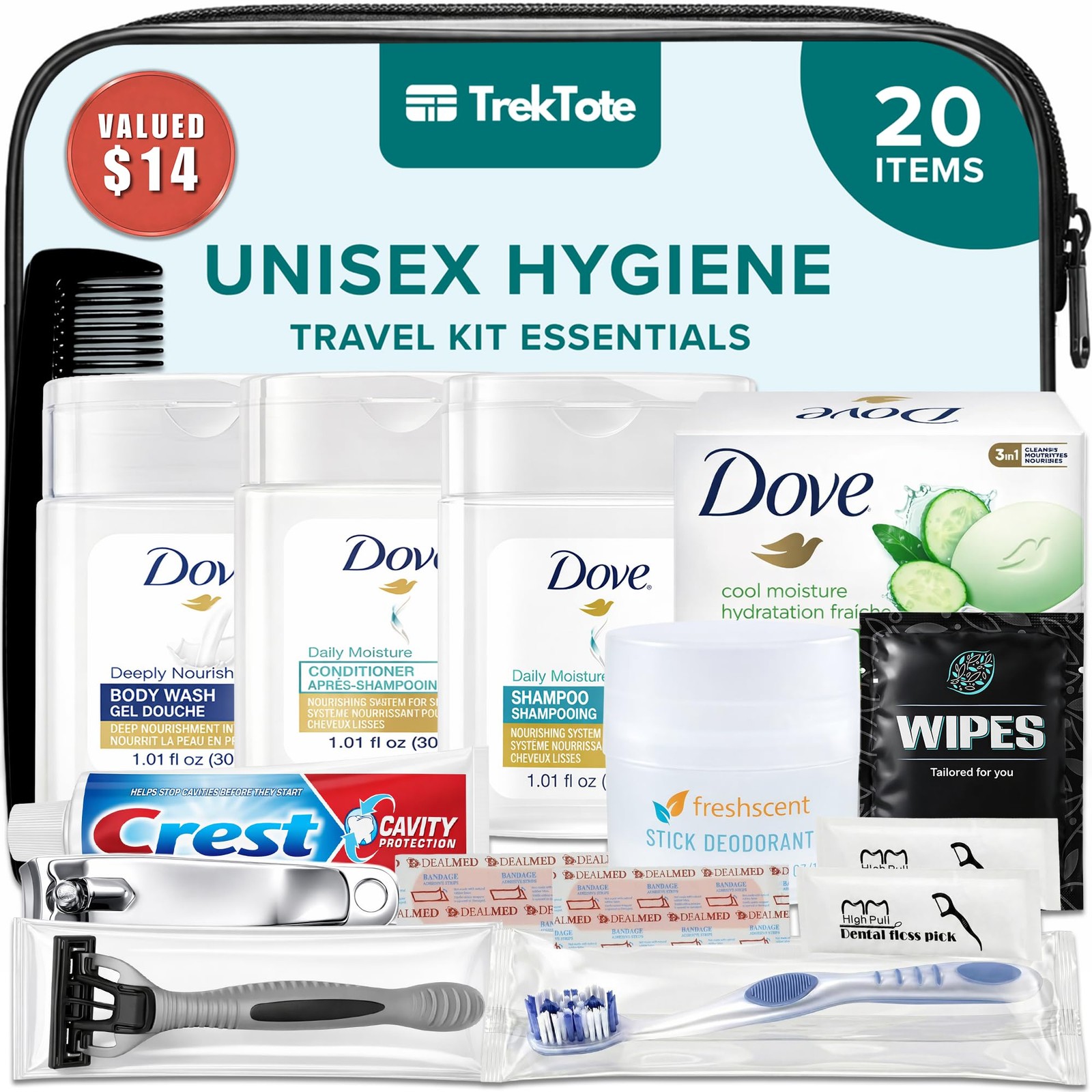TrekTote 20 Piece Unisex Travel Hygiene Kit with Toiletries & 1 Pack, Clear