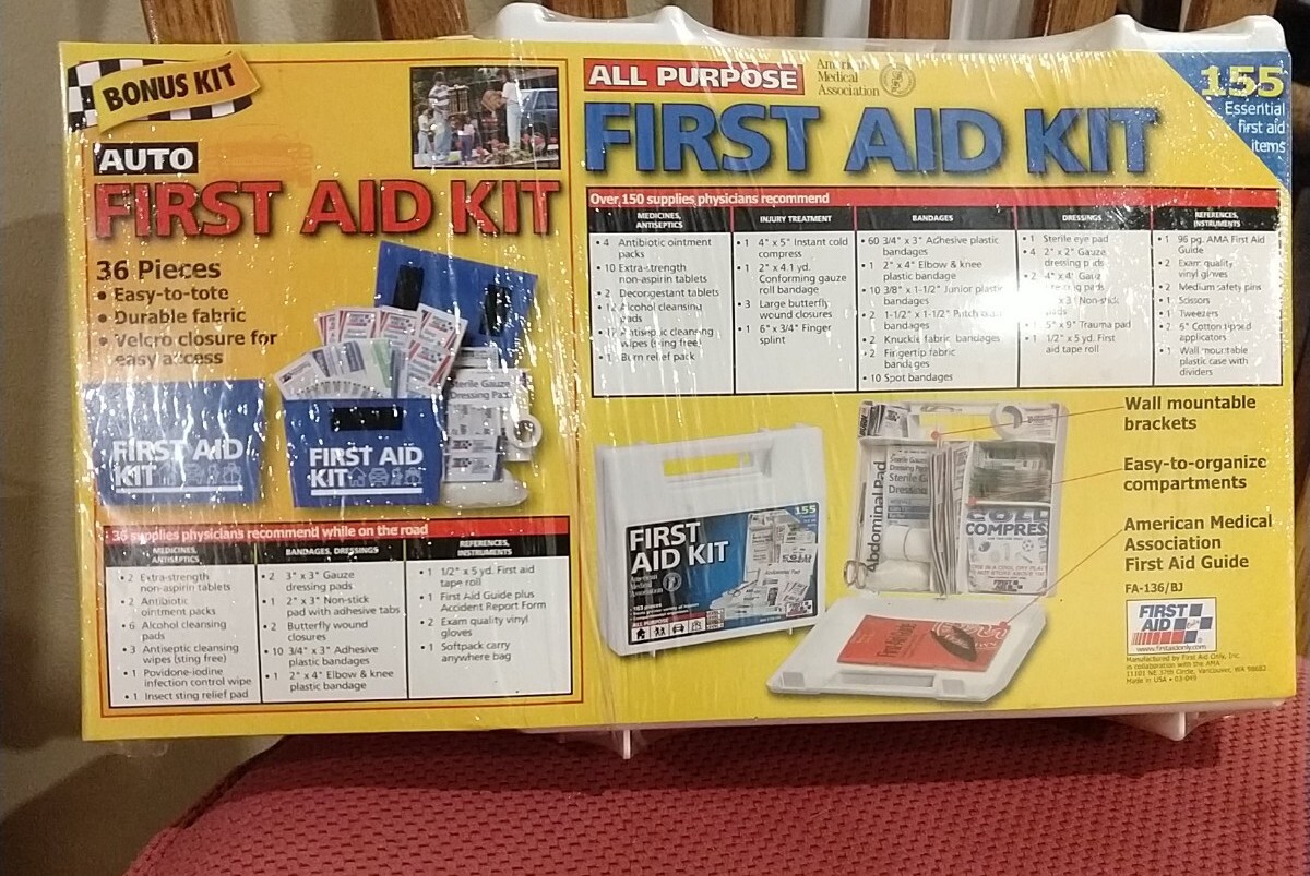 AMA First Aid Kit 155 pc with Bonus Auto 36-pc kit NEW