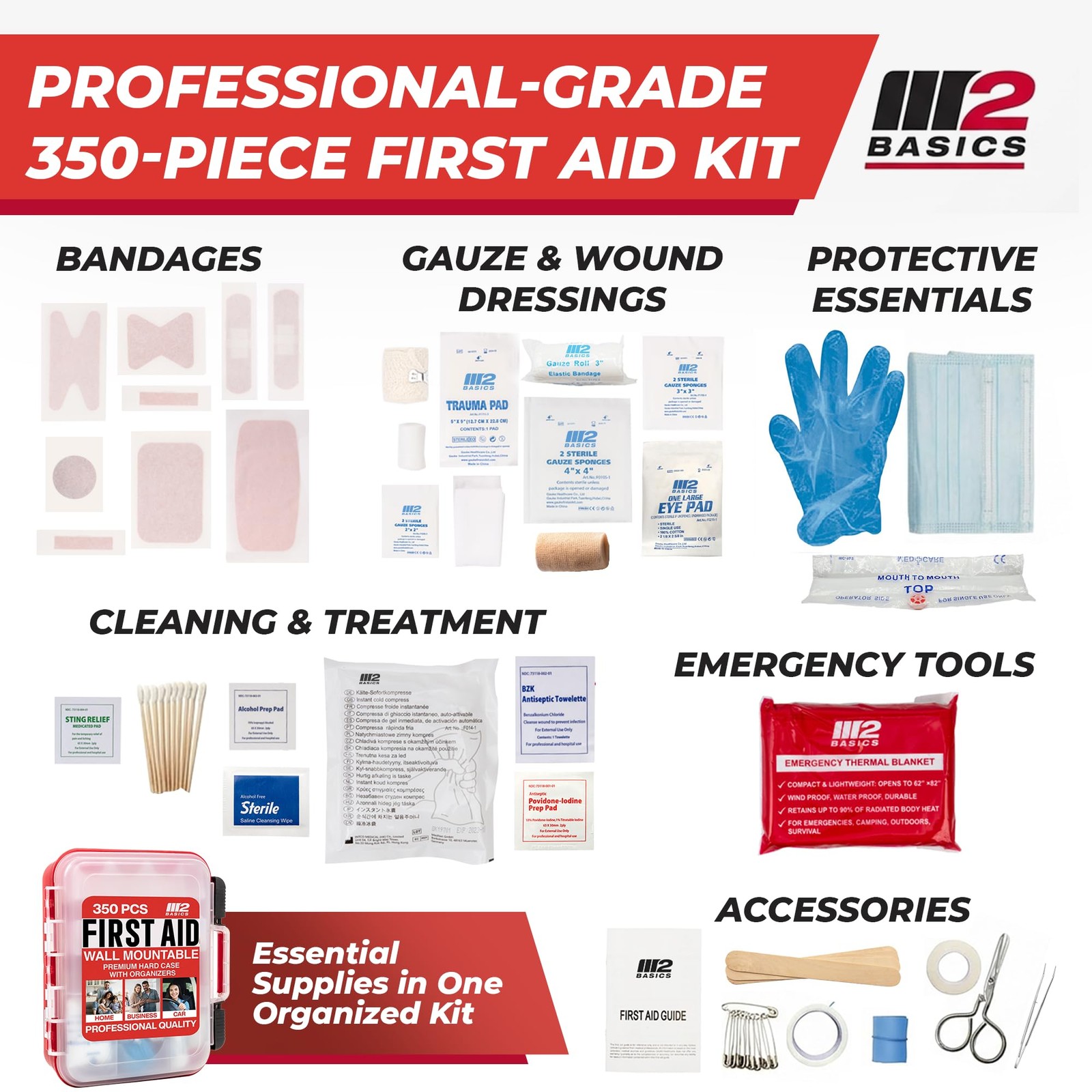 M2 BASICS 350 Piece First Aid Kit, Wall Mount Hard Case 350 Set, Red