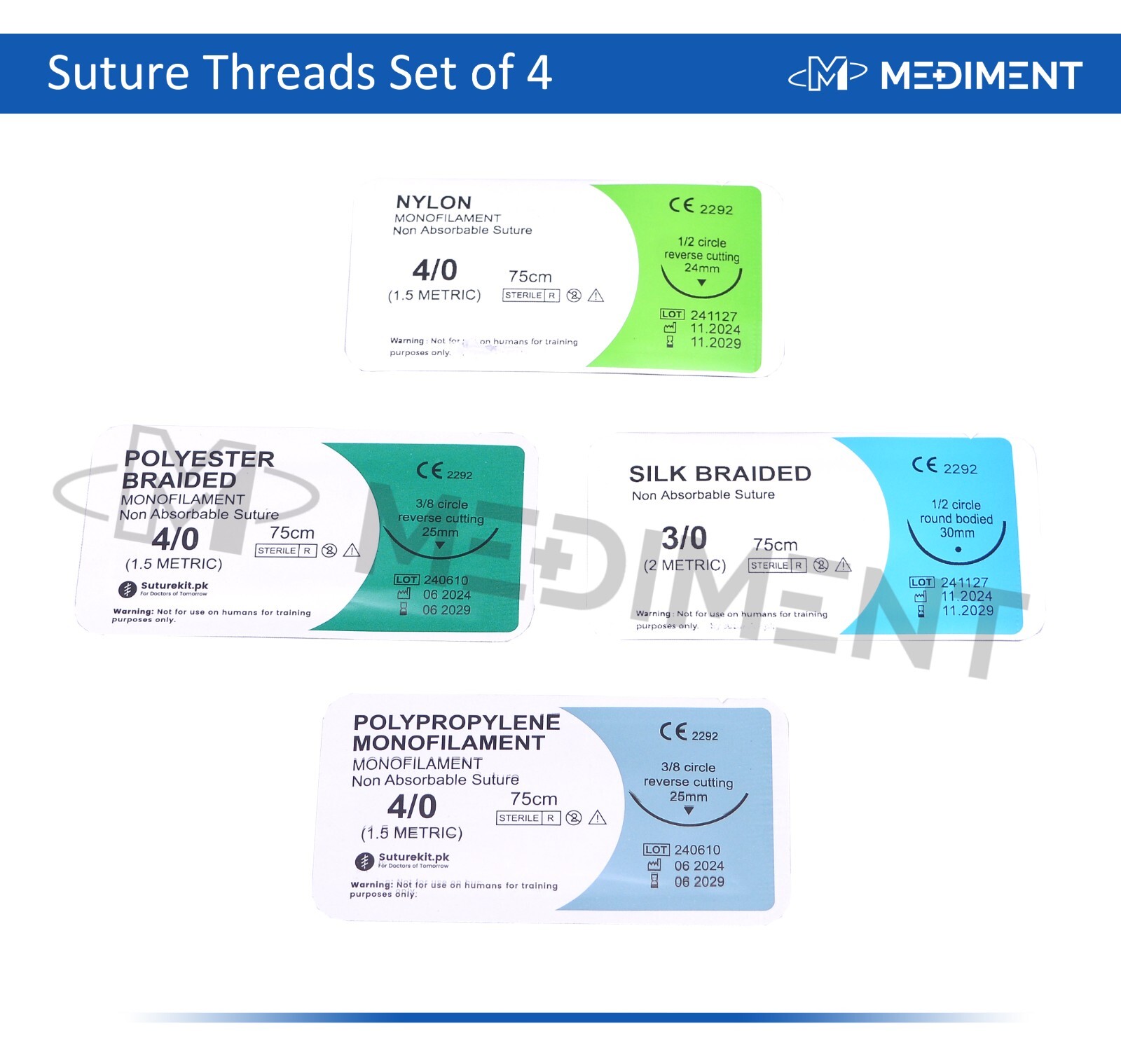 Training Suture Threads Emergency First Aid Kit Wound Treating Practice Set of 4