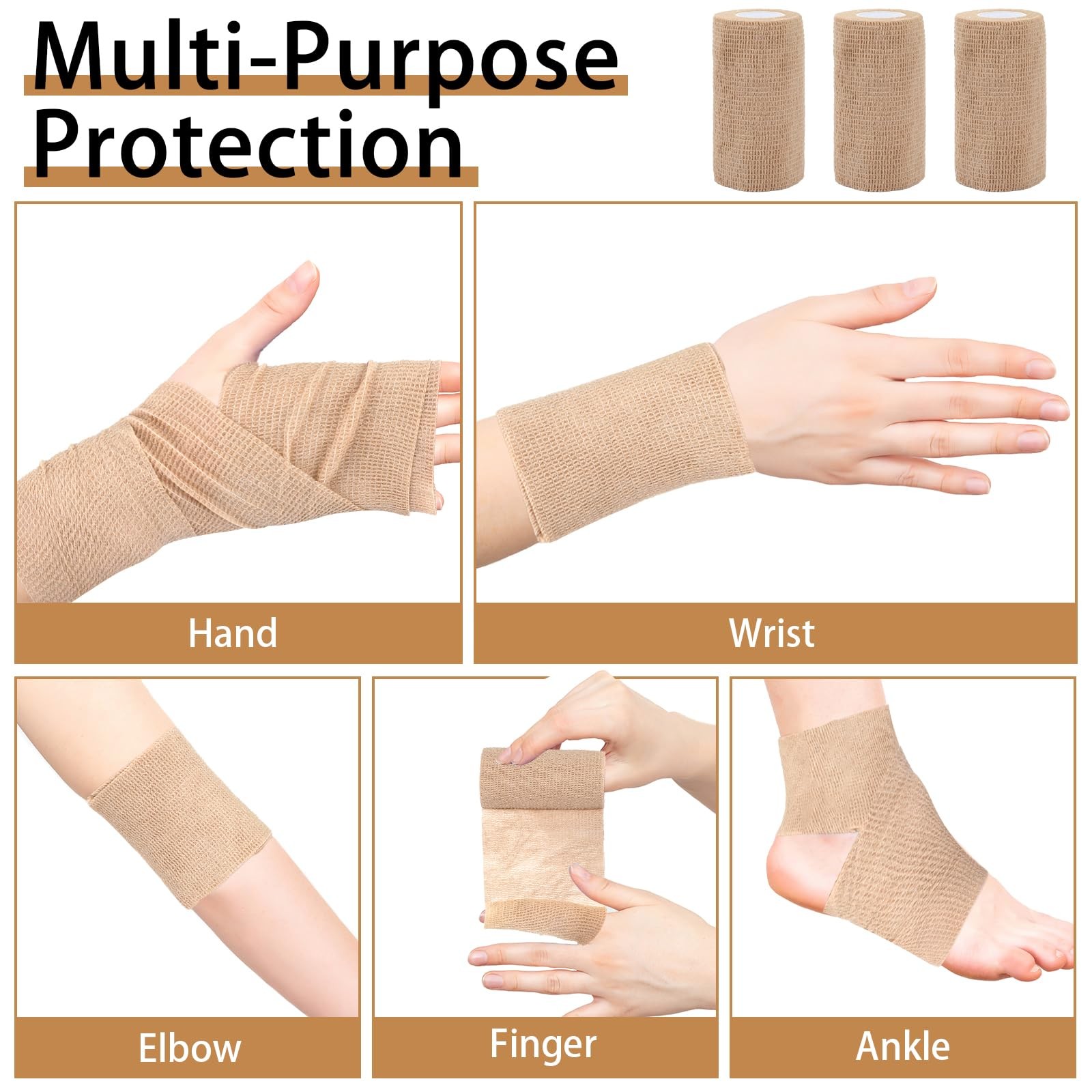 6 Pack 4 Inch x 5 Yard Beige Self Adhesive Bandage Wrap Cohesive Tape Set