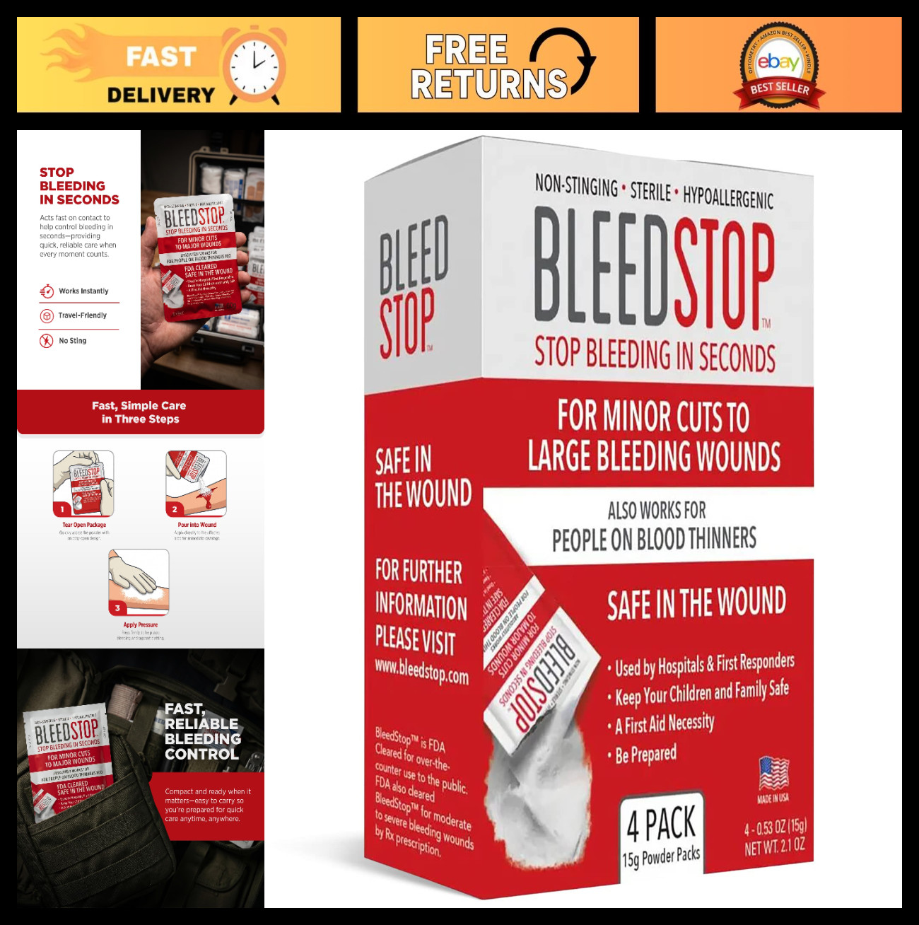 First Aid Blood Clotting Powder, Trauma Kit for Severe Bleeding & Nosebleeds – 4