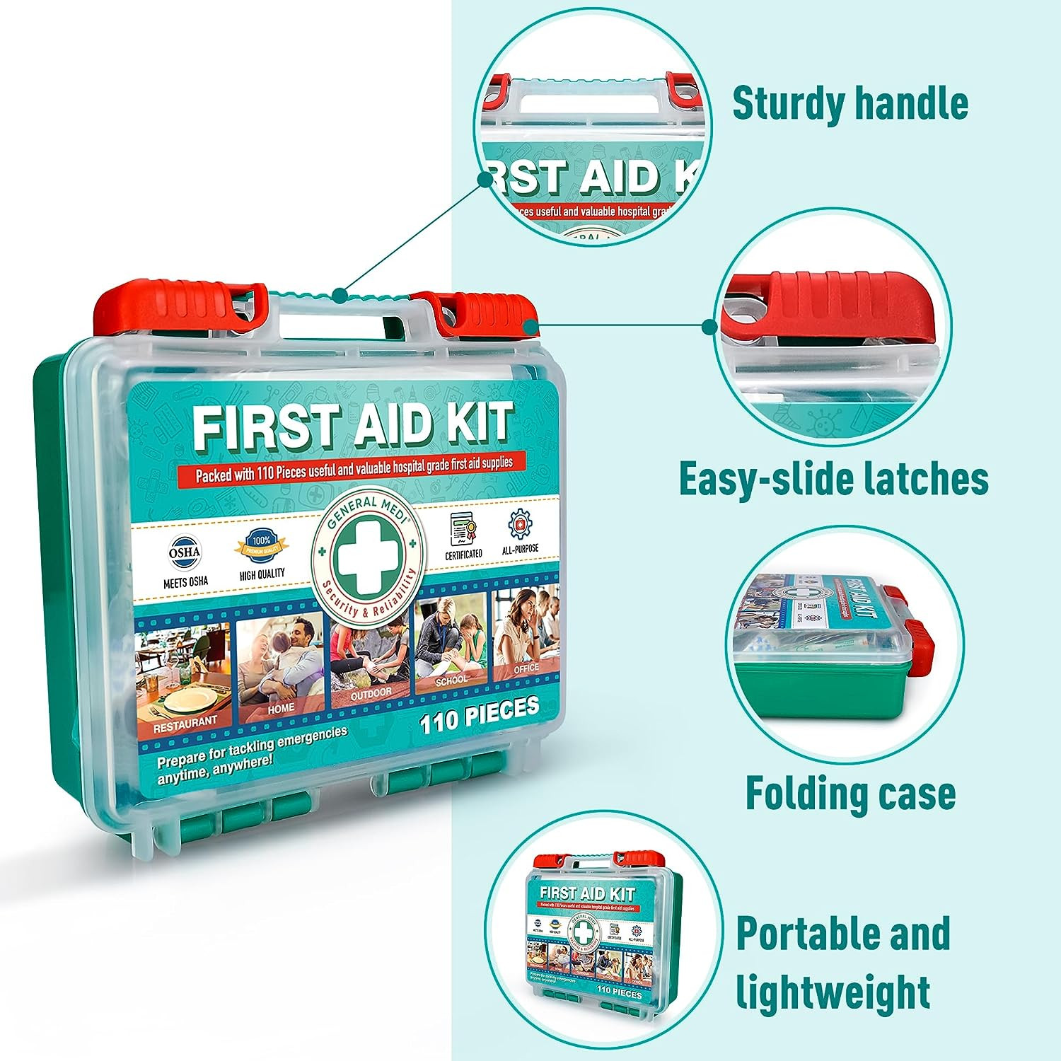 Kit Primeros Auxilios 110 Piezas Caja Dura Suministros Medicos Viaje Oficina Cam