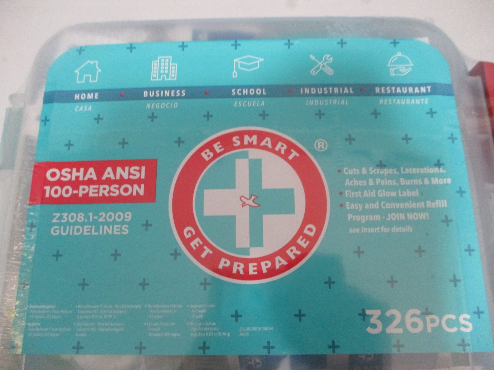 Be Smart Get Prepared First Aid Kit 326 Pieces OSHA ANSI Compliant New Sealed