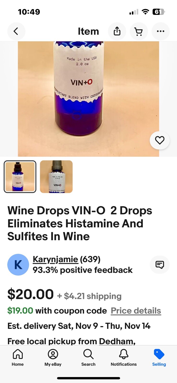 Wine Drops VIN-O 2 Drops Eliminates Histamine And Sulfites In Wine 1oz