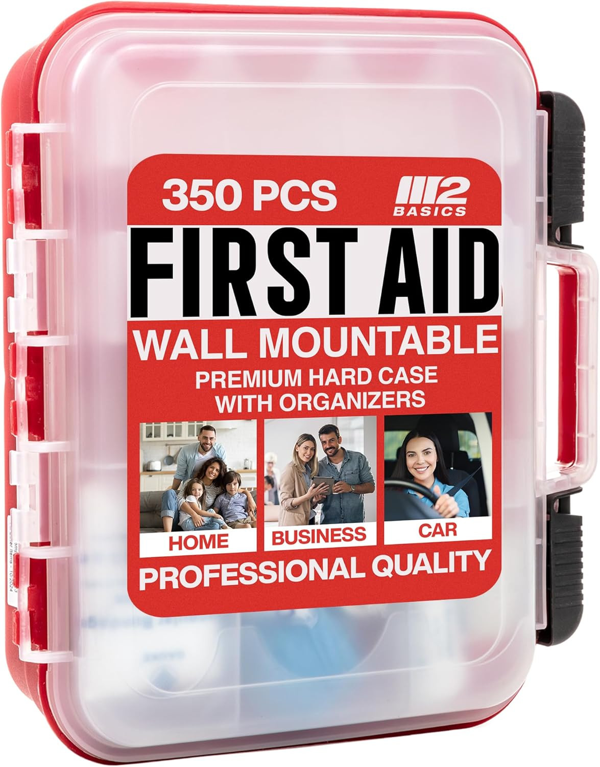 M2 BASICS 350 Piece First Aid Kit, Wall Mount Hard Case with Dual Layer Compartm