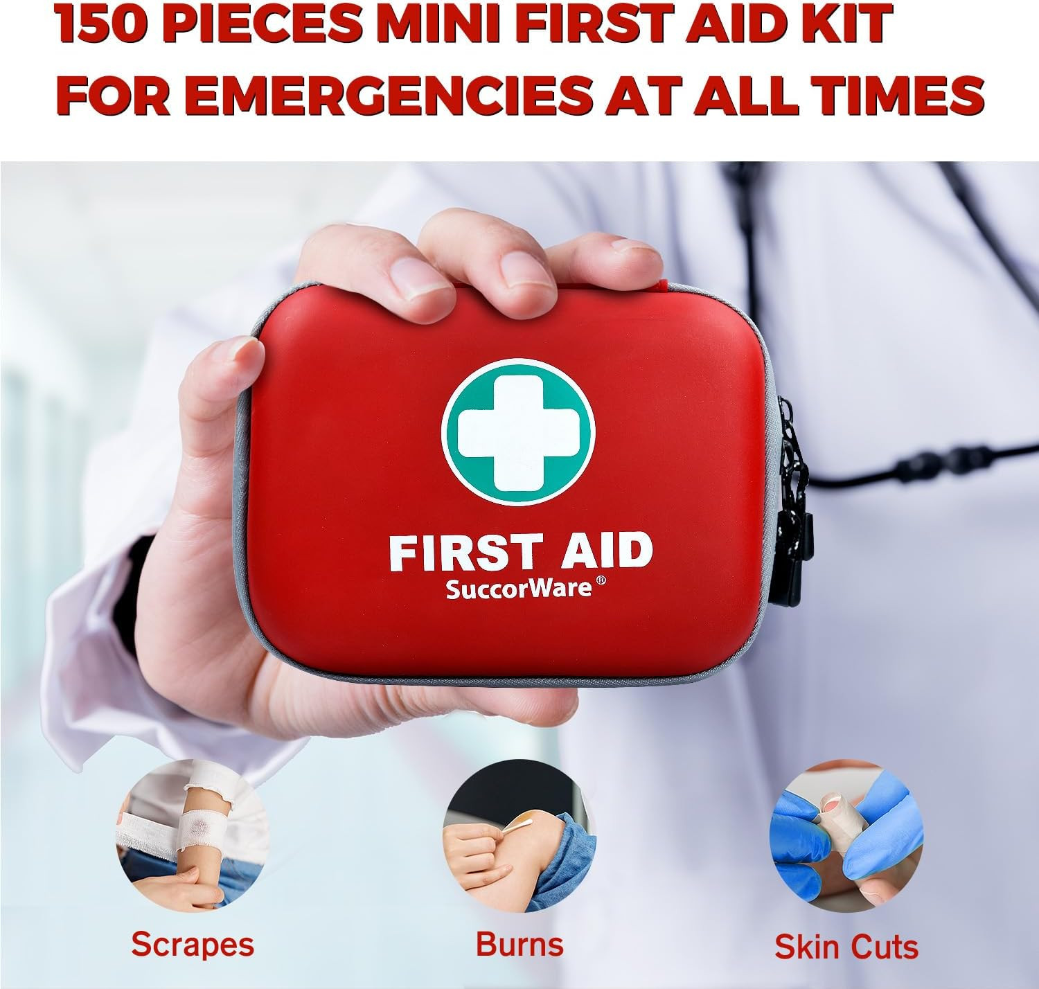 150 Pieces Mini First Aid Kit – Small Medical Kit with Hard Shell – Emergency Fi