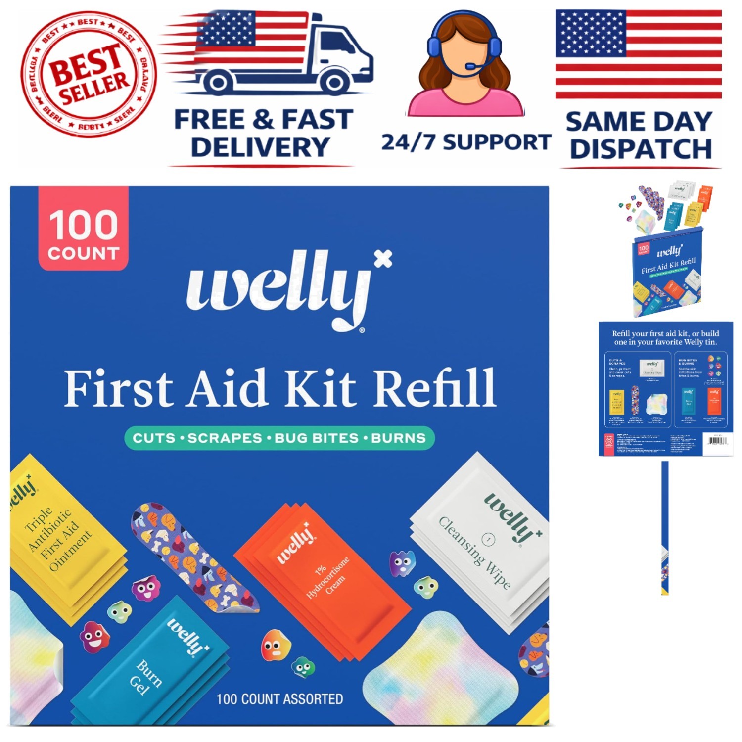 Complete 100-Count First Aid Kit Refill – Bandages, Wipes & Creams Included