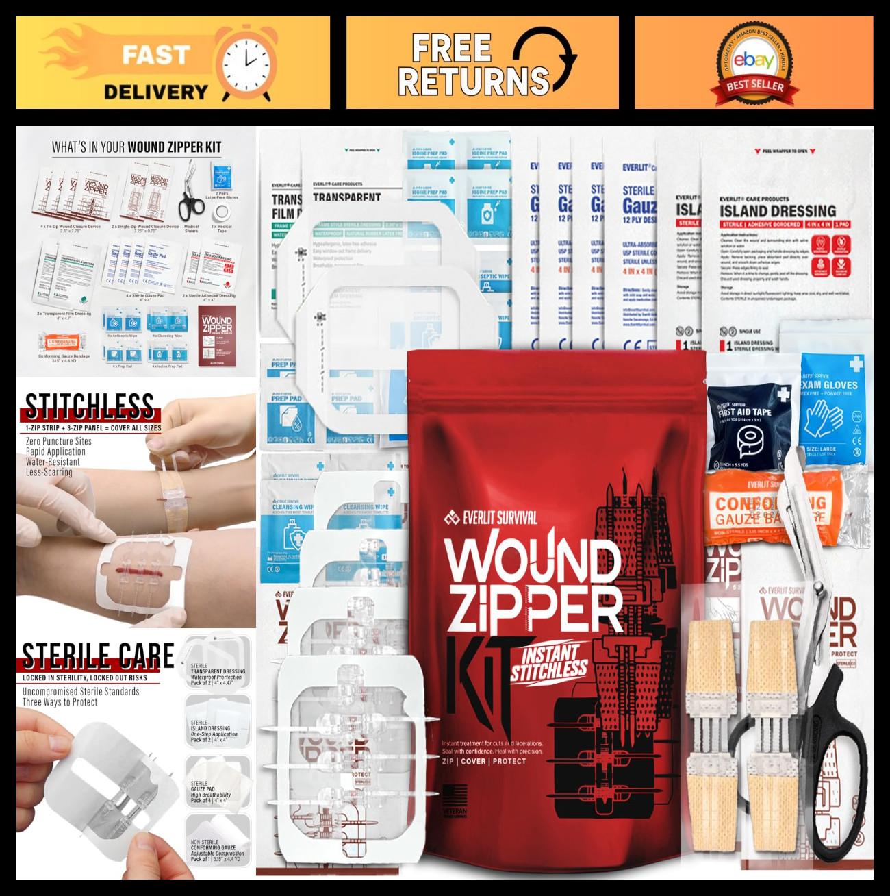 Surgical Zip-Stitch Wound Closure Kit | Sterile Adhesive Butterfly Bandages | Fi