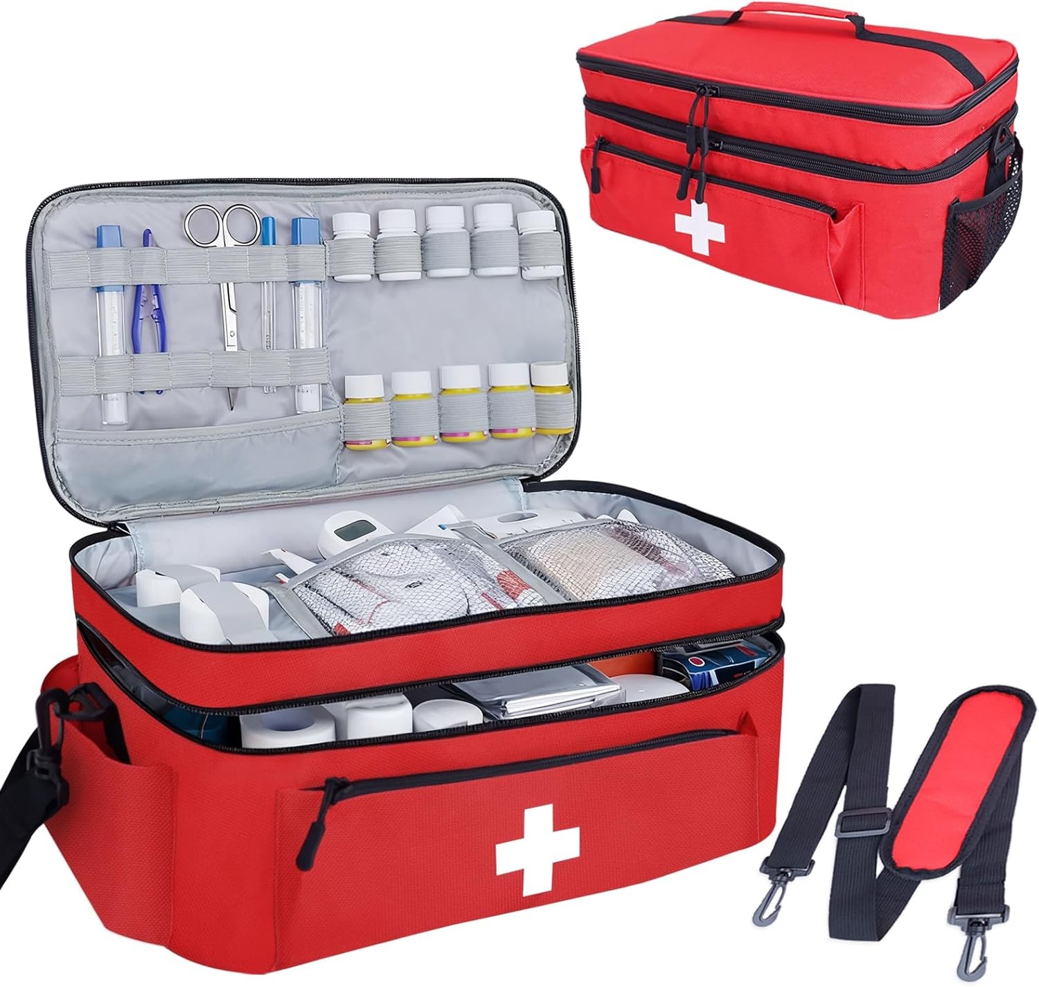First Aid Bag Empty Large Medical with Shoulder Strap 16”x 9½” x 7” Red