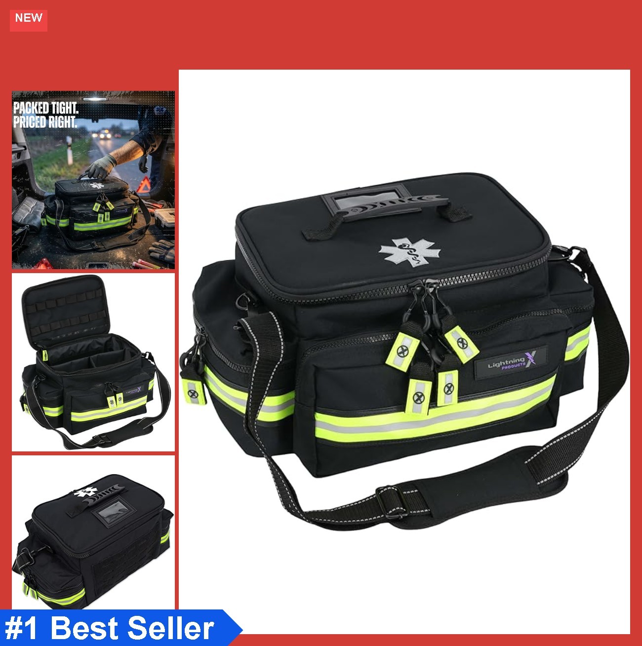 First Responder EMT Trauma Bag Medium Black Reflective Shoulder Strap MOLLE