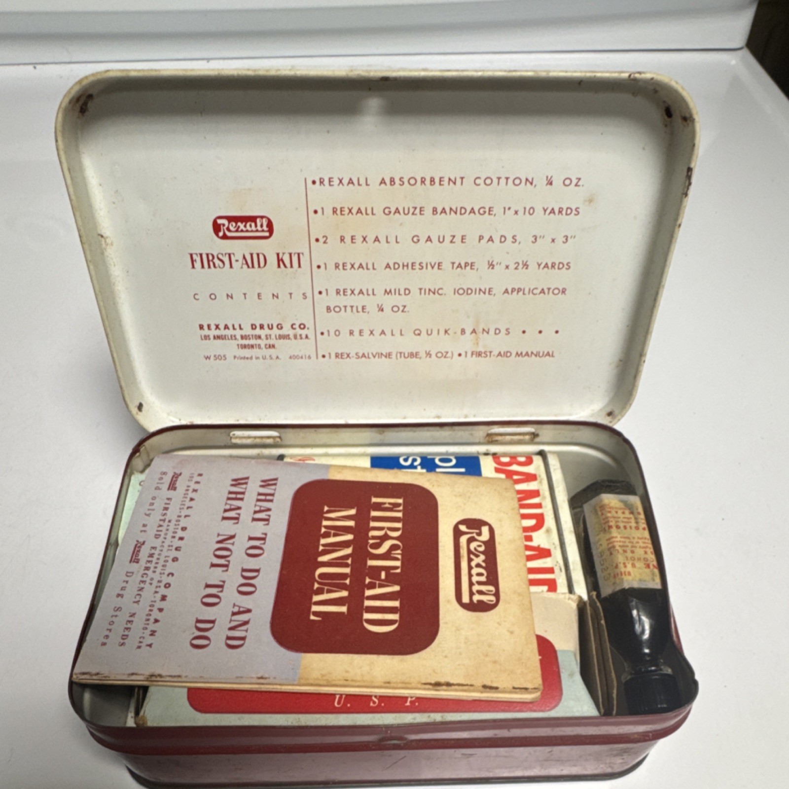Vintage Rexall W 505 First Aid Set Red Portable Kit with Manual, Pads, Bandage