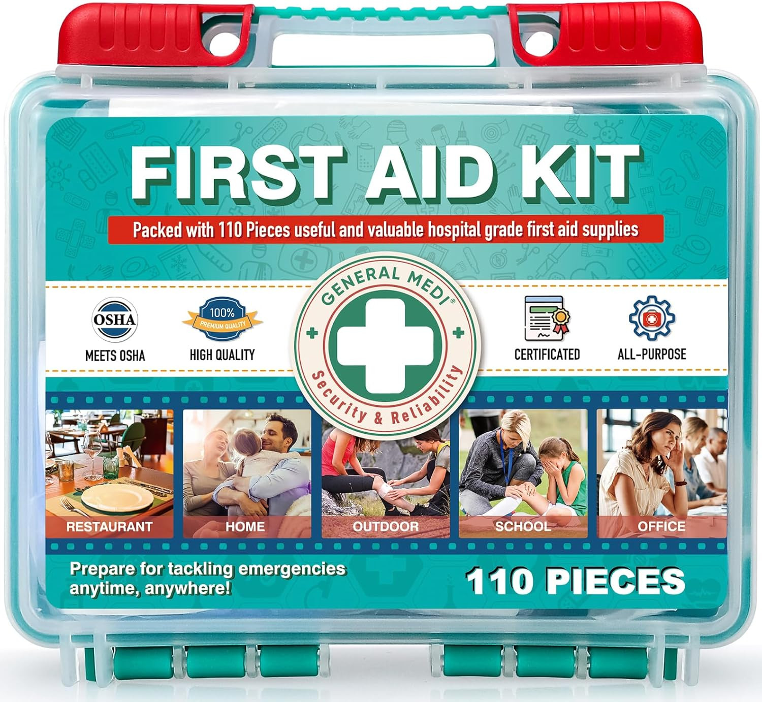 Emergency First Aid Kit 110 Pieces Hard Case Outdoor Ready for Travel, Vehicle