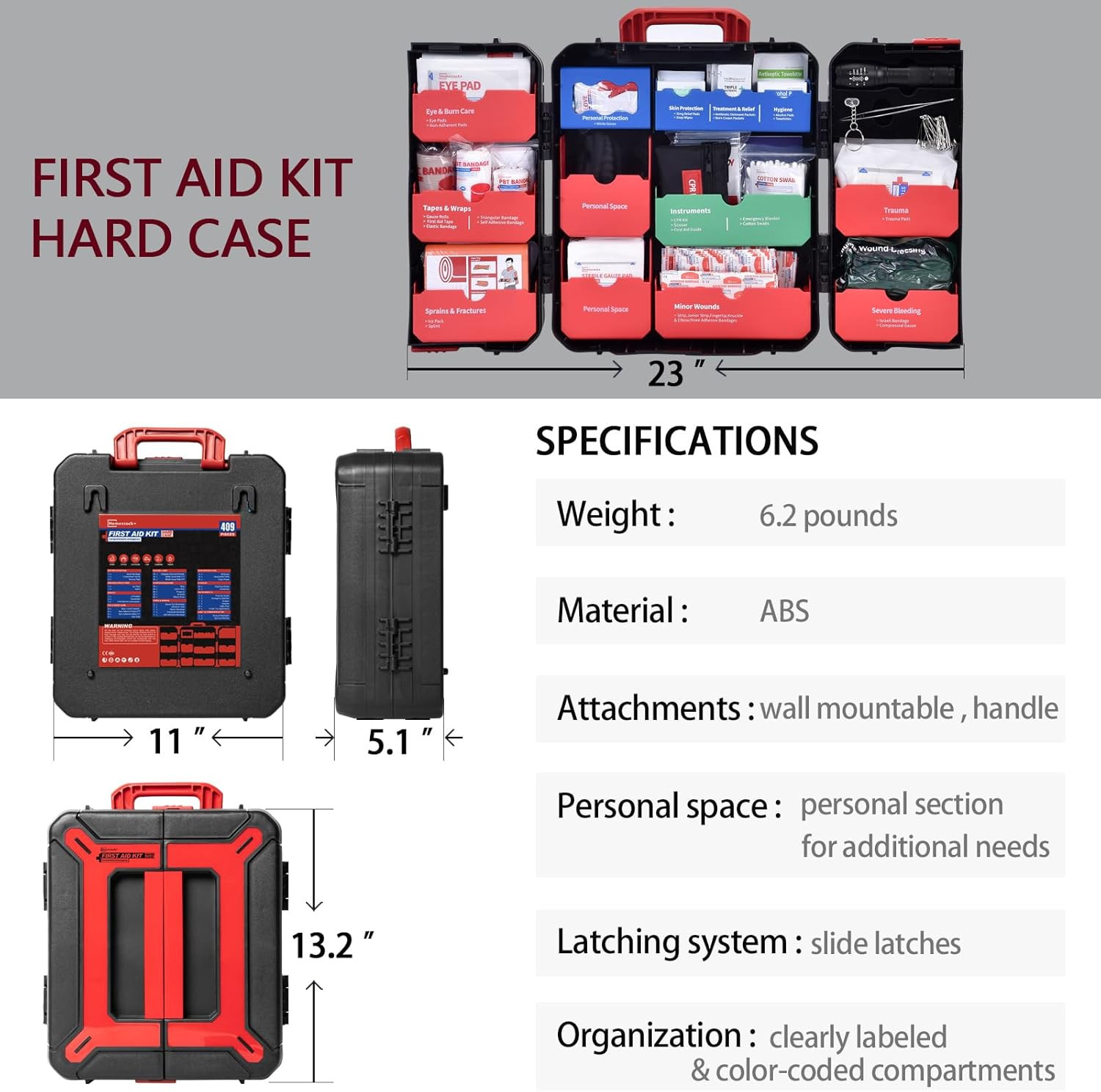 Hard Case First Aid Kit 408 Pcs – Wall Mountable Trauma Kit for Car, Home, Offic